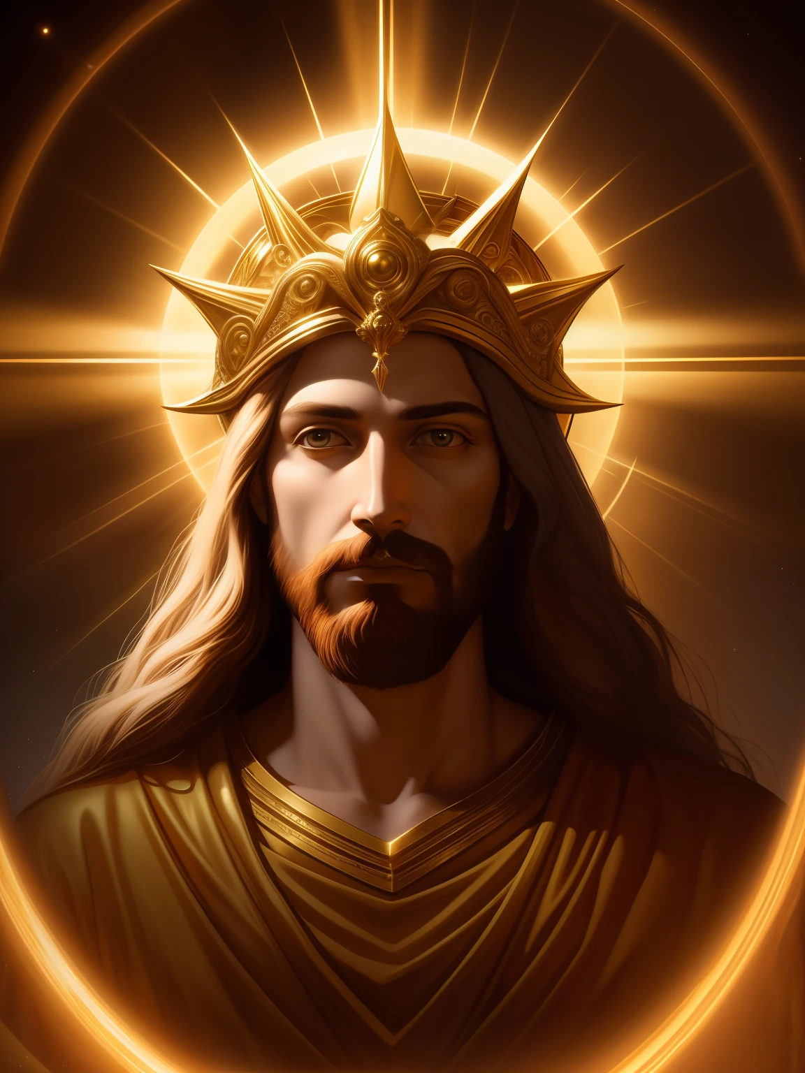 highly detailed portrait of a jesus christ sun god halo of light, gold, unreal engine, art by mark ryden, lostfish, earl norem, global illumination, god rays, detailed and intricate environment, elden ring style