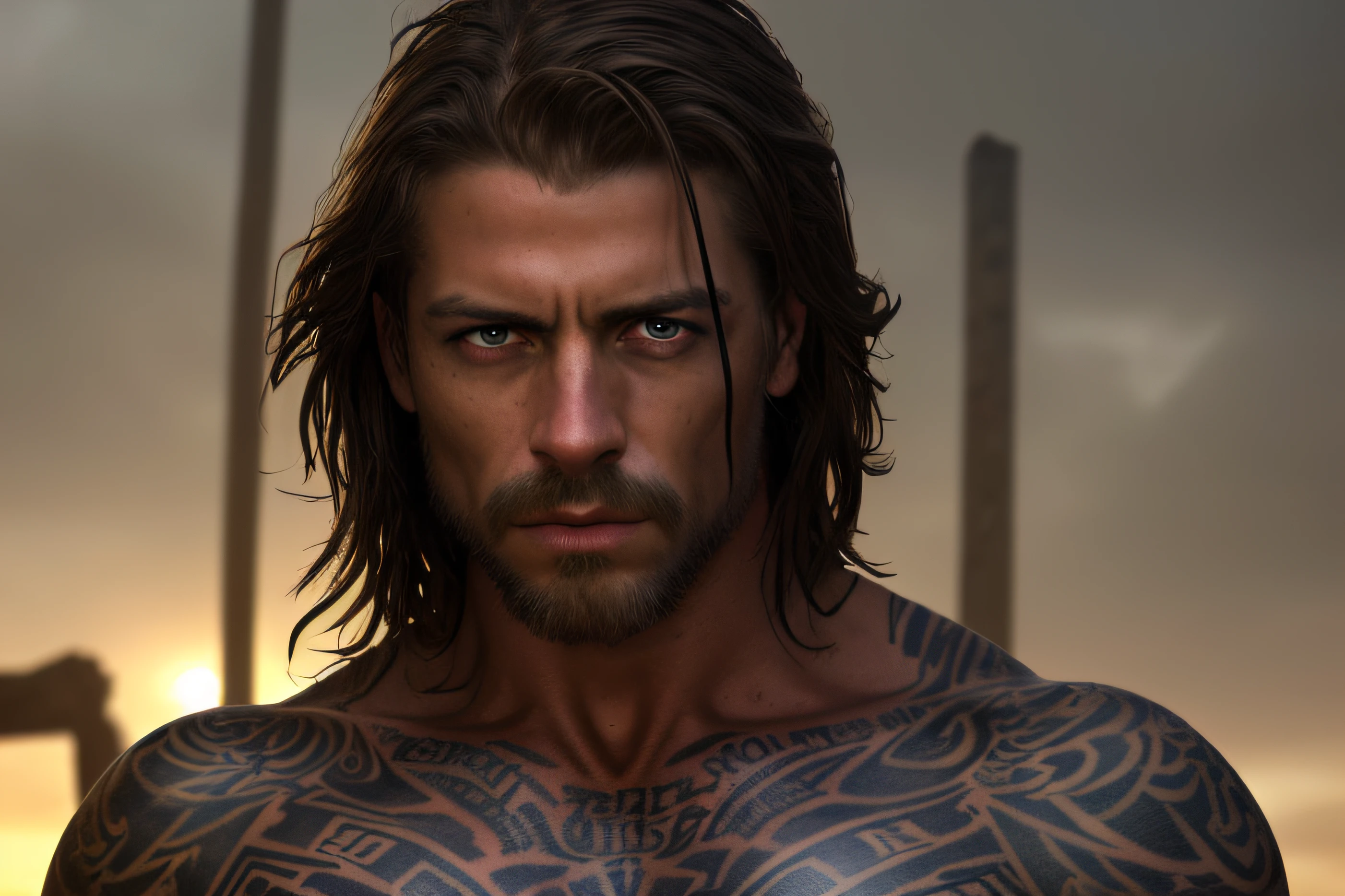 RAW photo, photography, photorealistic, Bold RAW photo of a man in ancient armor , on a city ruins. he has an intense look, detailed skin, (with highly detailed tattoos:1.1), finely eyes. The shot is taken on a professional camera with a shallow depth of field, creating a natural and raw feel. The lighting is soft and adds to the mysterious atmosphere of the scene. The image is highly detailed, cinematic