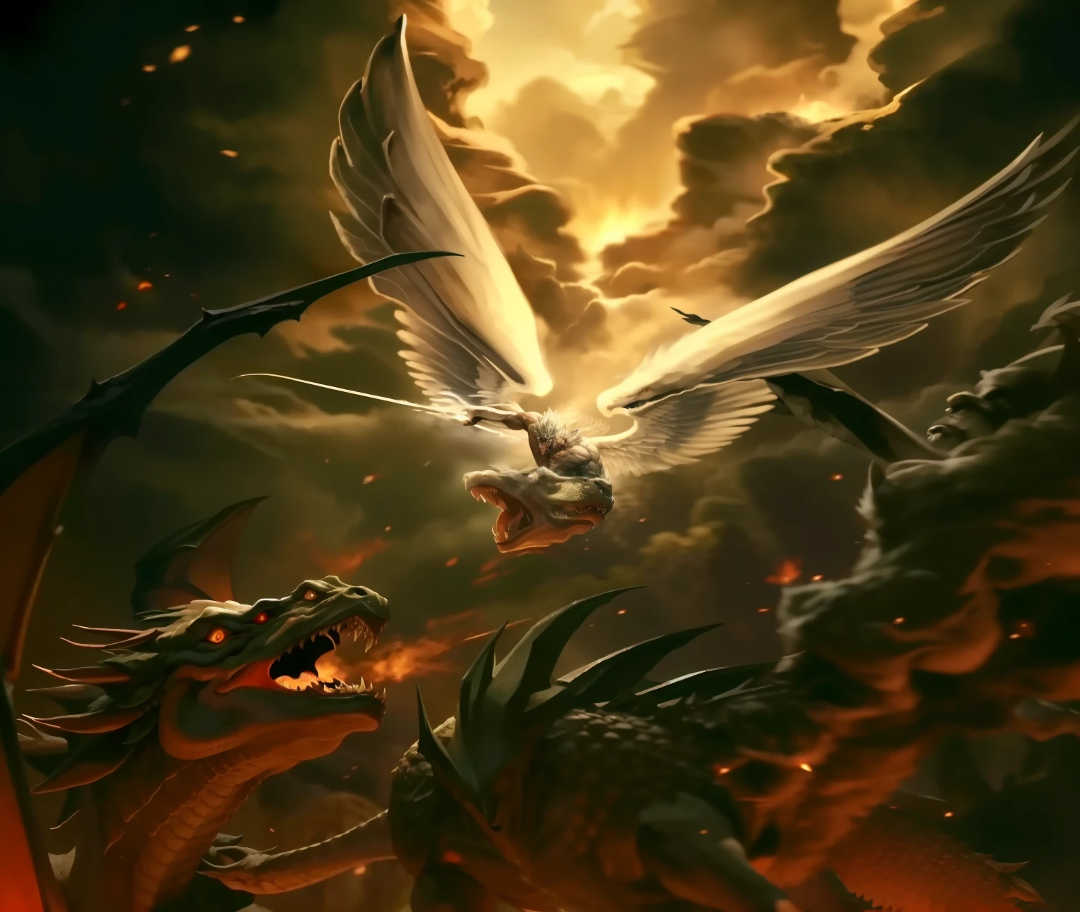 Dragao enfurecido atacando um homem de asas, Figura celeste, warrior angel attacking the Dragon