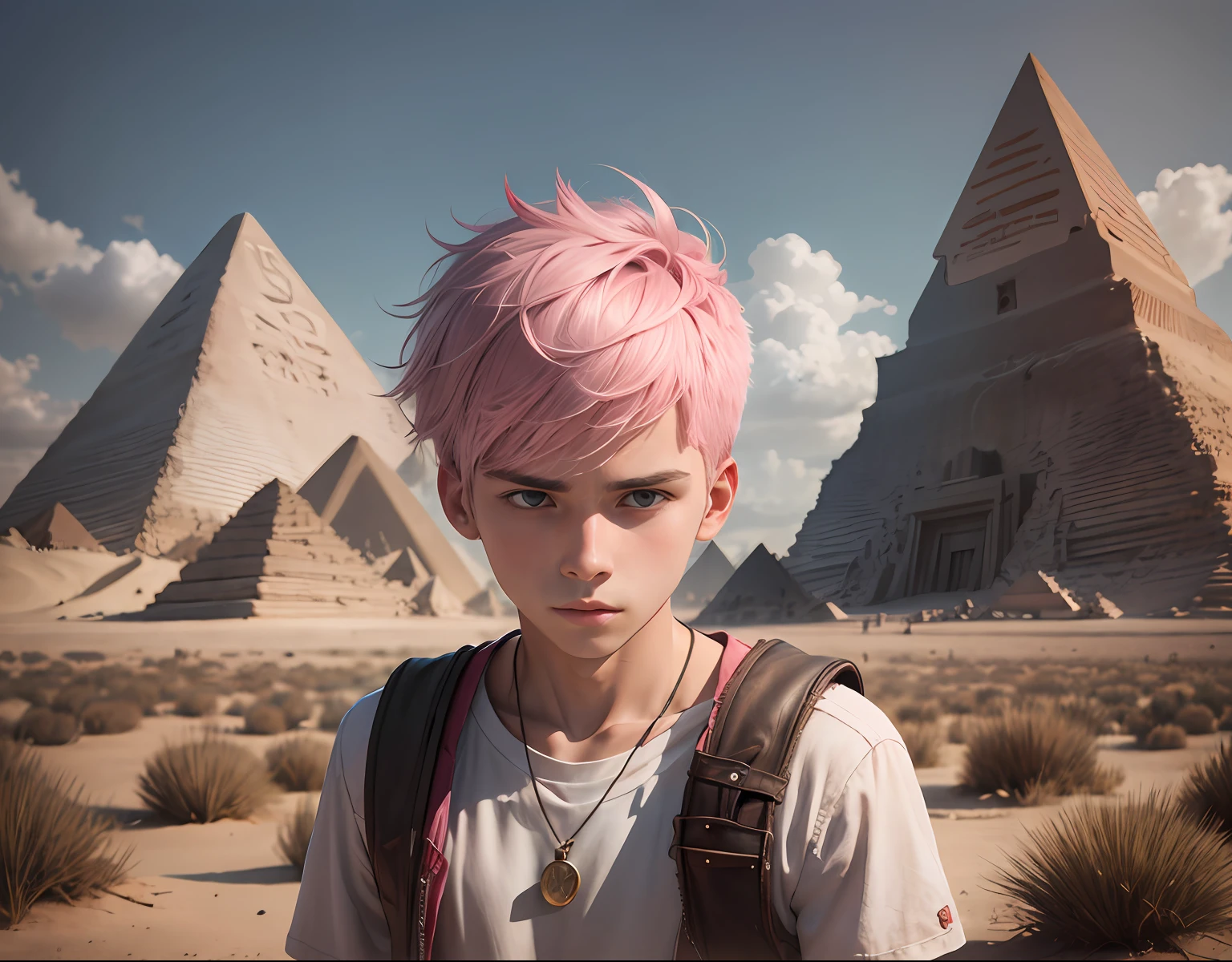 pink hair 15-year-old teenager serious and thoughtful man , tiene cabello rosado oscuro ojos  rojos, esta en el antiguo egipto se ven piramides y palacios3d, 1child,