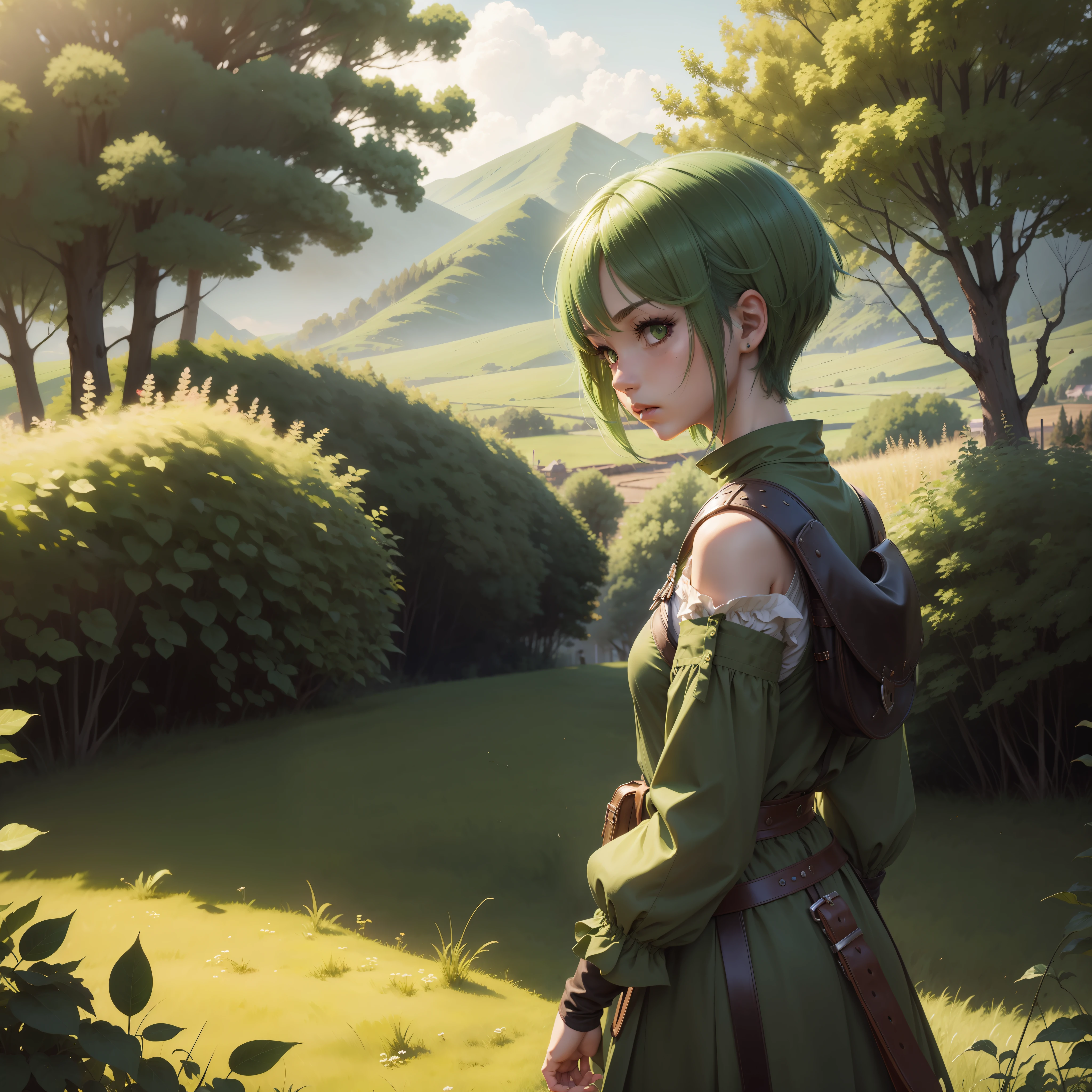 Anime girl, Short Hair, Green Hair, Green Eyes, Adventurer Cloth, Meadow, Day, Facing Away, Realistic Light, Best Quality, 8K,