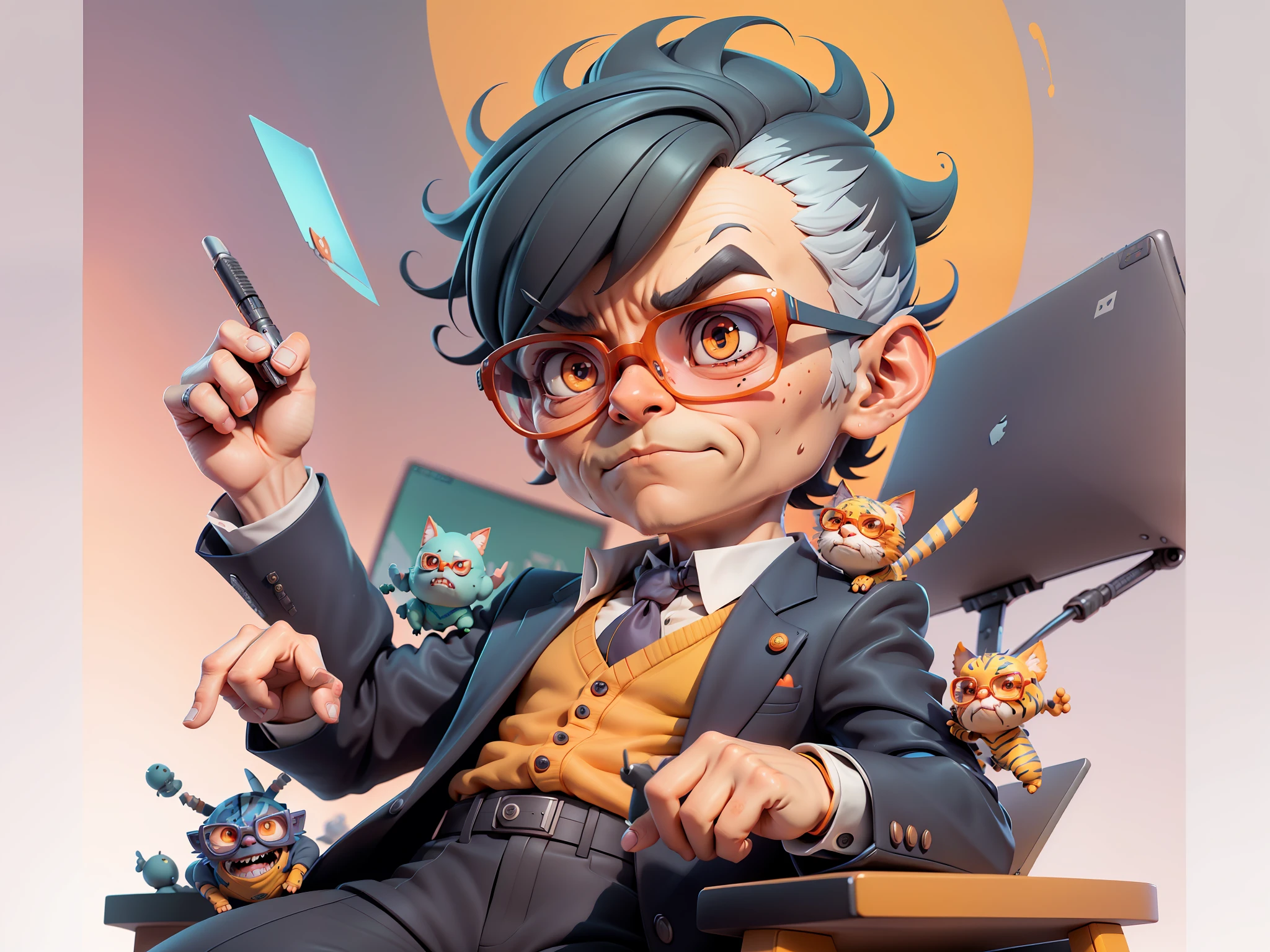 A young man in a suit, Short hair and glasses sat at his desk，holding laptop，digitial painting，tigre，3D character design by Mark Clairen and Pixar and Hayao Miyazaki and Akira Toriyama，4K HD illustration，Very detailed facial features and cartoon-style visuals。