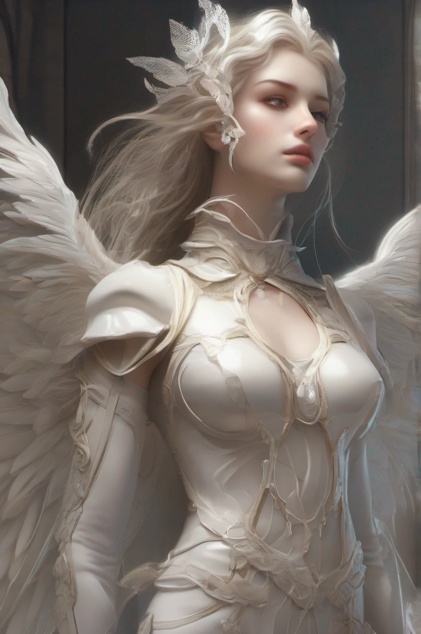 corpo magro inteiro, mulher branca, (capa de seda branca), (pano intrincadamente padronizado), (insanamente detalhado, flowering), (qualidade superior, (alta nitidez), (pupilas detalhadas), (pintura), (pintura digital), rosto, olhos e corpo detalhados, obra-prima, melhor qualidade, (foto altamente detalhada), 8k, fotorrealista, (jovem mulher 22 anos), afiado, ((Perfect athletic and lean body)), realista, sombra real, 3d, (fundo do castelo da Europa), anjo da morte, inocente, olhos, diadema, asas de anjo, roupa dourada, corpo inteiro, arms behind back, heaven, halo, post-apocalypse, armadura de guerra detalhada,(peitinho pequeno), seio pequeno, magra, roupas branca, prata ouro