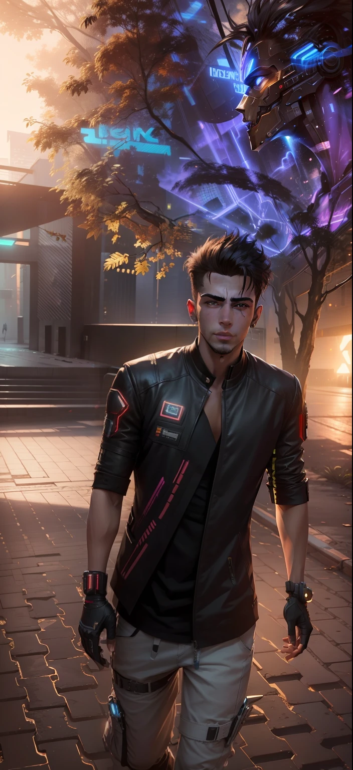 Change background cyberpunk handsome boy, 8k, ultra realistic,sumset