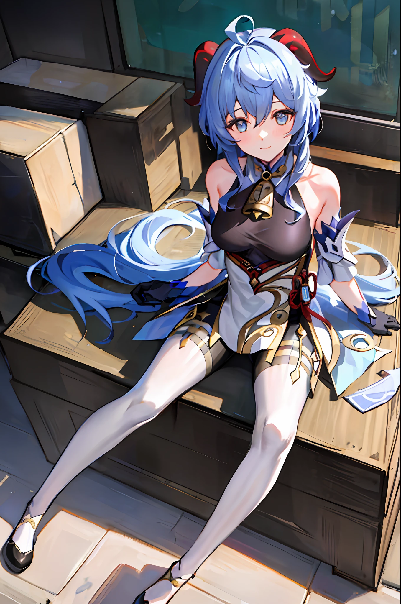 (photorealistic:1.4), (masterpiece, sidelighting, finely detailed beautiful eyes: 1.2), masterpiece*portrait, realistic, 3d face, 
ganyu \(genshin impact\), 1girl, ahoge, architecture, bangs, bare shoulders, bell, black gloves, black pantyhose, (blue hair), blush, breasts, chinese knot, detached sleeves, flower knot, gloves, horns, long hair, looking at viewer, medium breasts, neck bell