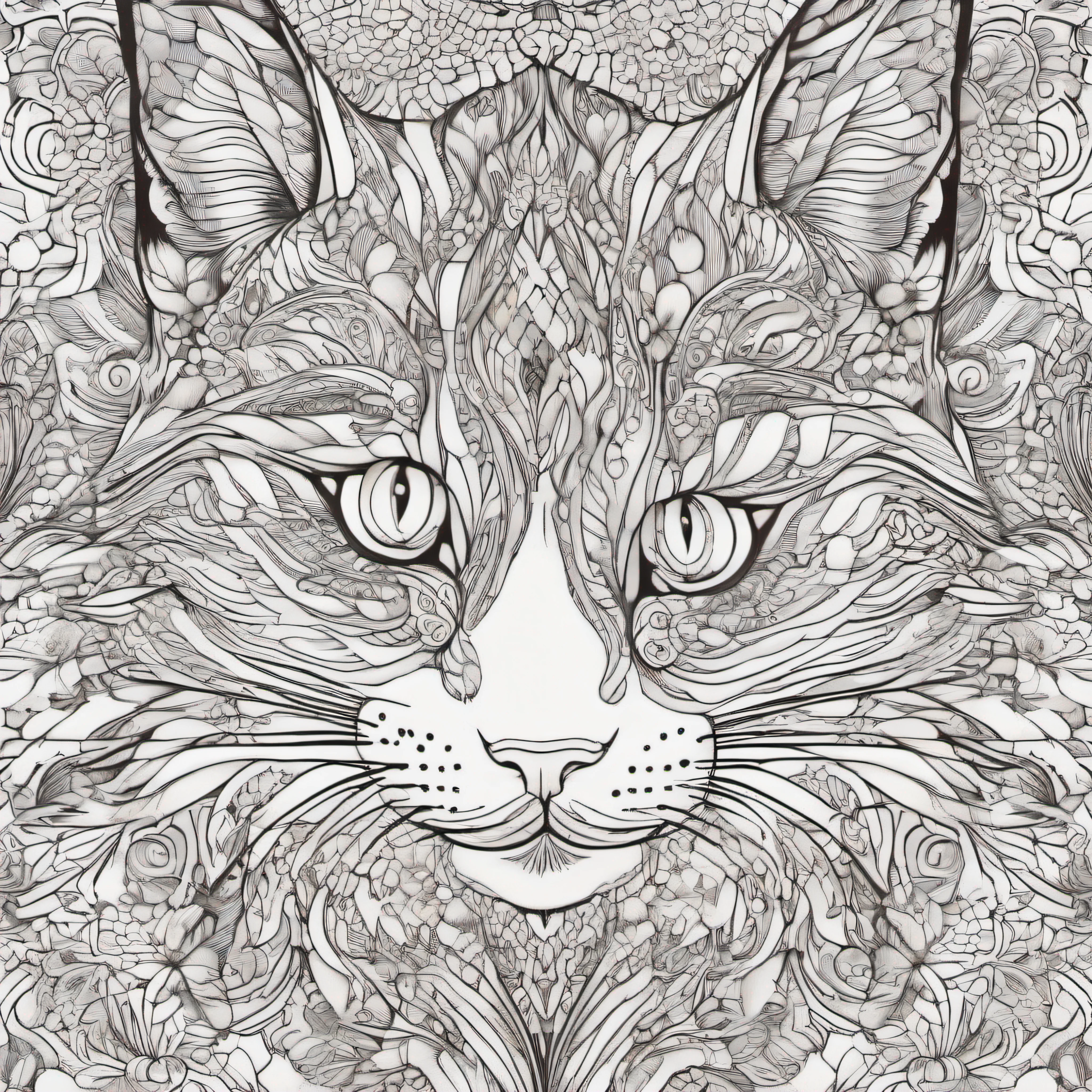 B/w Sketch art for children cat coloring book page, gatos e mandalas, gatos feitos de mandalas, Coloring pages for kids, Branco completo, Children's style, fundo Branco, corpo inteiro, Gato, gatinho estilo kawaii, fantasia, magica, mistic , incomum , preto e Branco , linhas onduladas , desenho de arte de linha realista , Silencioso , Sem somBra , sharp thick lines , Arte de contorno , imagem centrada , isolado no fundo Branco v 4 --ar 16:9