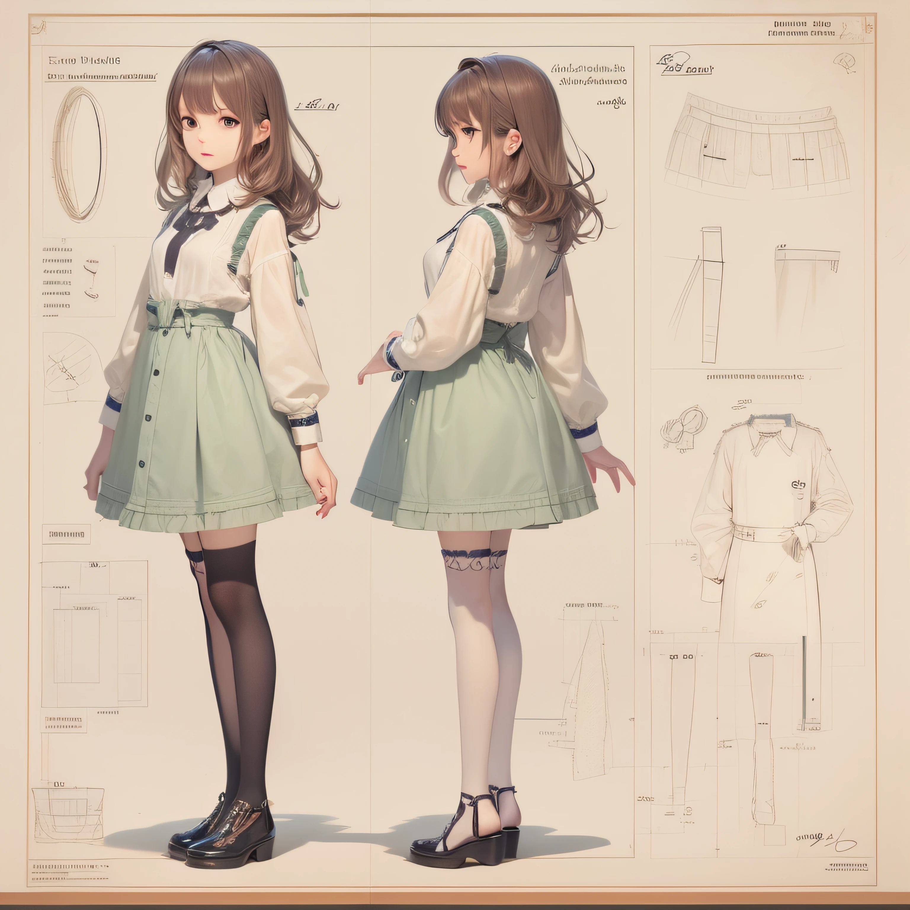 masterpiece, best quality, 1girl,highres, absurdres, full body,(ultra-detailed:1.1025), (illustration:1.1025), (infographic:1.1025), patent drawings, physical measurement, (all clothes configuration:1.1025), stationery, (solo:1.1025),standing, cohesive background, 5 fingers in hands, character sheet,