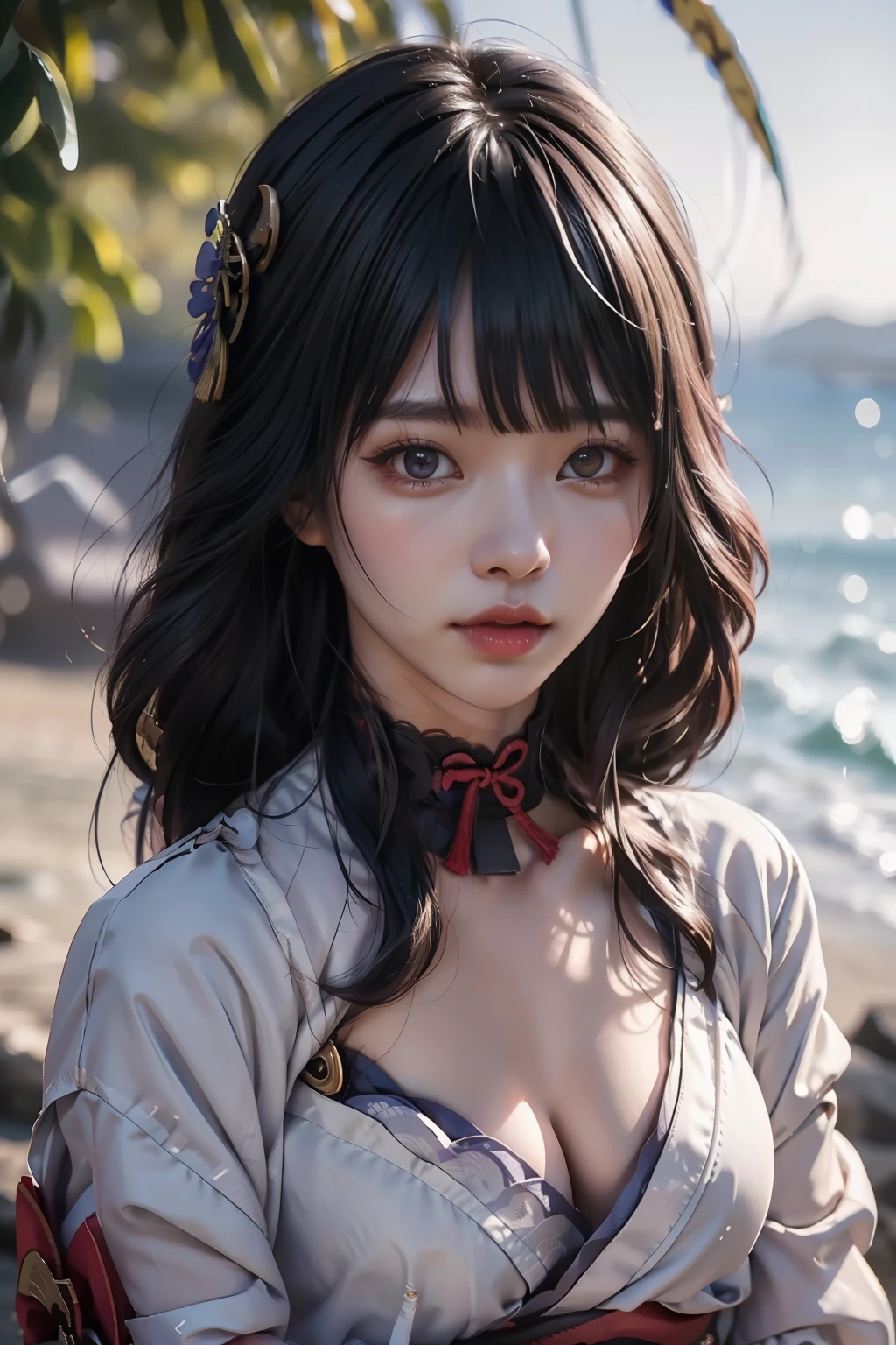 raiden_shogun,1girl, bangs, black_hair, hair_ornament, japanese_clothes, kimono, lips, long_sleeves, looking_at_viewer, obi, sash, solo, upper_body,
(RAW photo, best quality), (realistic, photo-realistic:1.3), masterpiece, an extremely delicate and beautiful, extremely detailed, CG, unity, 2k wallpaper, Amazing, finely detail, extremely detailed CG unity 8k wallpaper, huge filesize, ultra-detailed, outdoor, 1 girl, cleavage, upper body, detailed face,
beautiful detailed girl, detailed fingers, extremely detailed eyes and face, beautiful detailed nose, beautiful detailed eyes, long eyelashes, light on face, looking at viewer, (closed mouth:1.2), 1girl, cute, young, mature face, (full body:1.3), ((small breasts)), realistic face, realistic body, beautiful detailed thigh, sea, seaside, beach, sunlight,