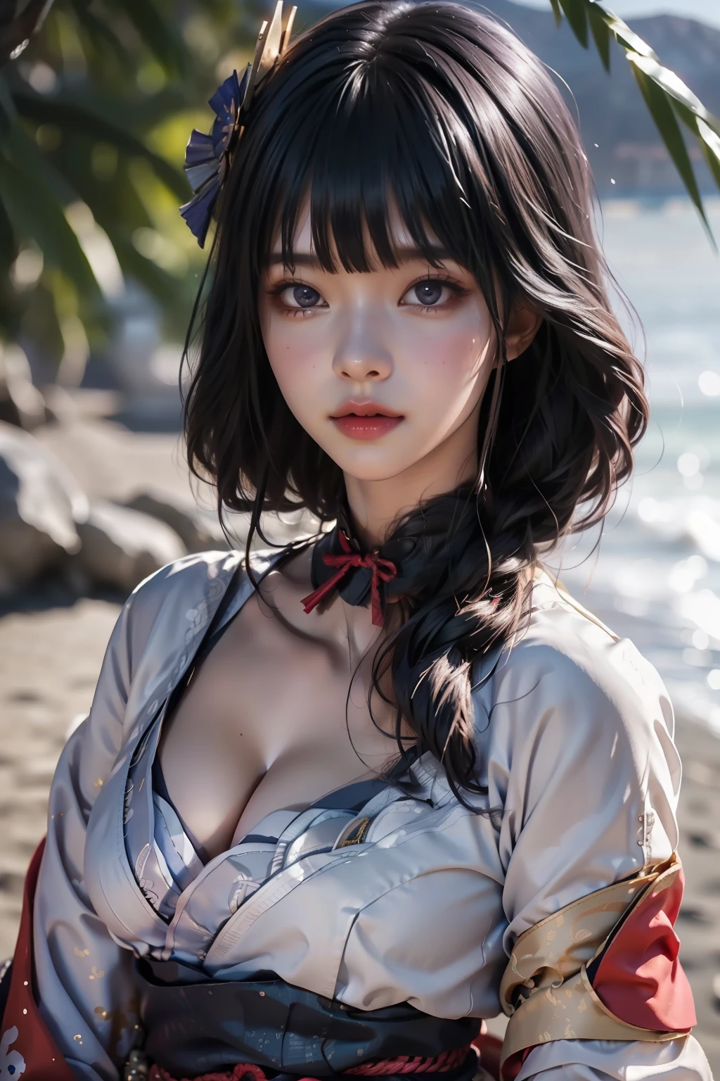 raiden_shogun,1girl, bangs, black_hair, hair_ornament, japanese_clothes, kimono, lips, long_sleeves, looking_at_viewer, obi, sash, solo, upper_body,
(RAW photo, best quality), (realistic, photo-realistic:1.3), masterpiece, an extremely delicate and beautiful, extremely detailed, CG, unity, 2k wallpaper, Amazing, finely detail, extremely detailed CG unity 8k wallpaper, huge filesize, ultra-detailed, outdoor, 1 girl, cleavage, upper body, detailed face,
beautiful detailed girl, detailed fingers, extremely detailed eyes and face, beautiful detailed nose, beautiful detailed eyes, long eyelashes, light on face, looking at viewer, (closed mouth:1.2), 1girl, cute, young, mature face, (full body:1.3), ((small breasts)), realistic face, realistic body, beautiful detailed thigh, sea, seaside, beach, sunlight,