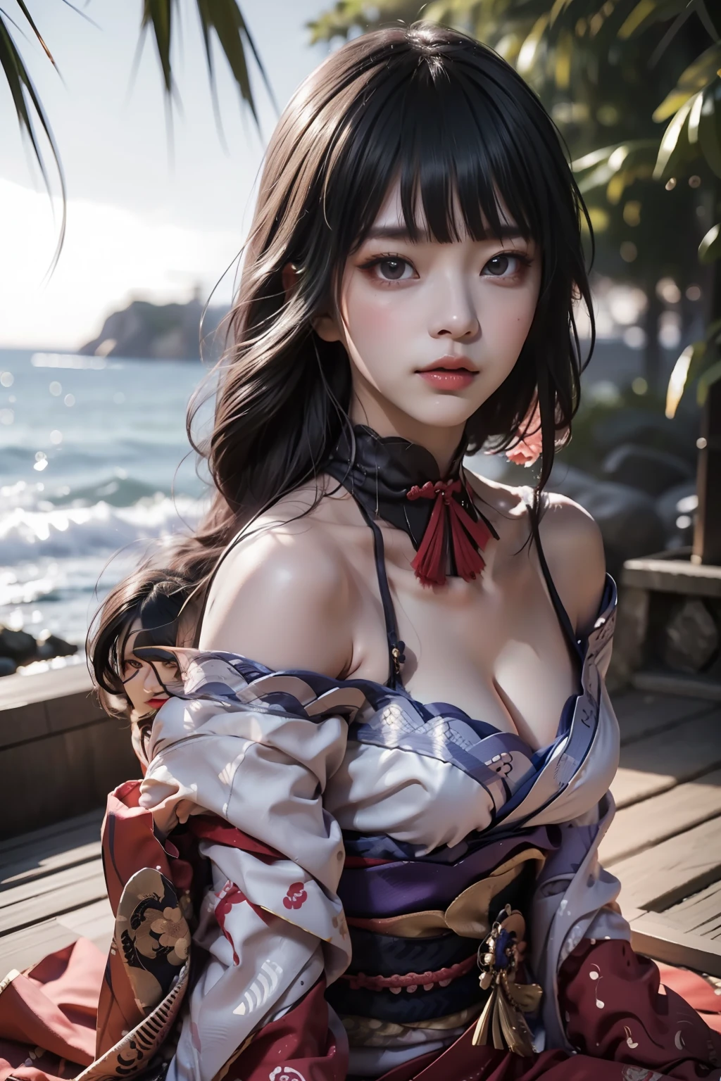 raiden_shogun,1girl, bangs, black_hair, hair_ornament, japanese_clothes, kimono, lips, long_sleeves, looking_at_viewer, obi, sash, solo, upper_body,
(RAW photo, best quality), (realistic, photo-realistic:1.3), masterpiece, an extremely delicate and beautiful, extremely detailed, CG, unity, 2k wallpaper, Amazing, finely detail, extremely detailed CG unity 8k wallpaper, huge filesize, ultra-detailed, outdoor, 1 girl, cleavage, upper body, detailed face,
beautiful detailed girl, detailed fingers, extremely detailed eyes and face, beautiful detailed nose, beautiful detailed eyes, long eyelashes, light on face, looking at viewer, (closed mouth:1.2), 1girl, cute, young, mature face, (full body:1.3), ((small breasts)), realistic face, realistic body, beautiful detailed thigh, sea, seaside, beach, sunlight,