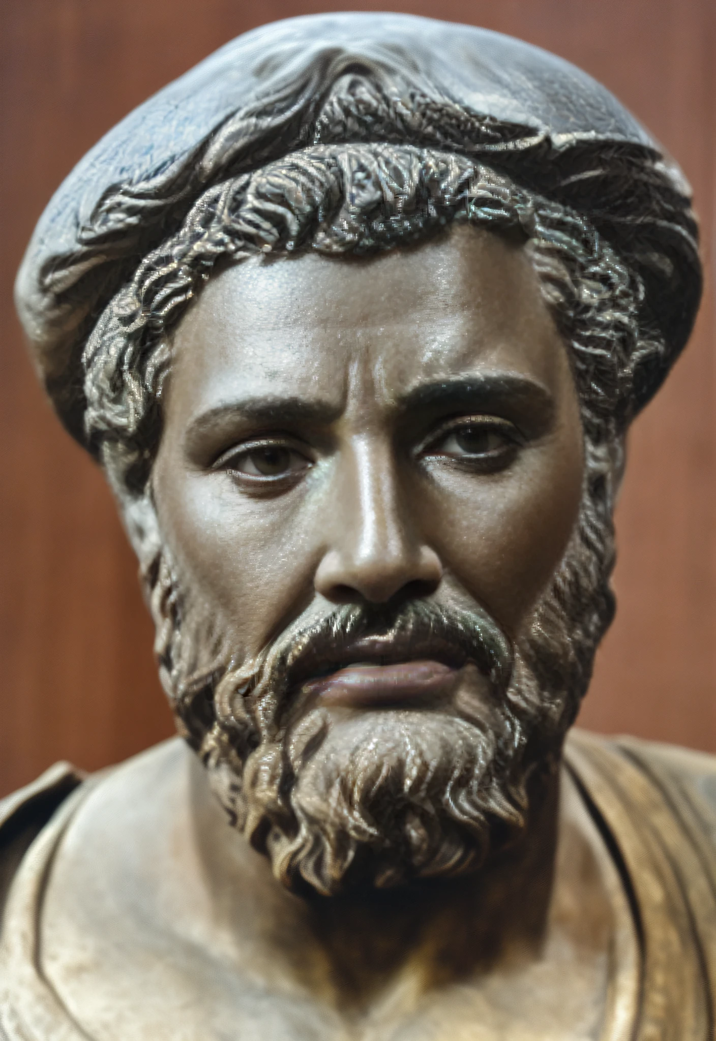 a close up of a statue of a man with a beard, eStoic face, Estoicismo, eStoic facial expression, Retrato de Fayum, Brutus, stoic, theophanes, inspired by Nicomachus of Thebes, Arquimedes, Petros, lumnoius colorido, maximus jacobs, Stoic attitude