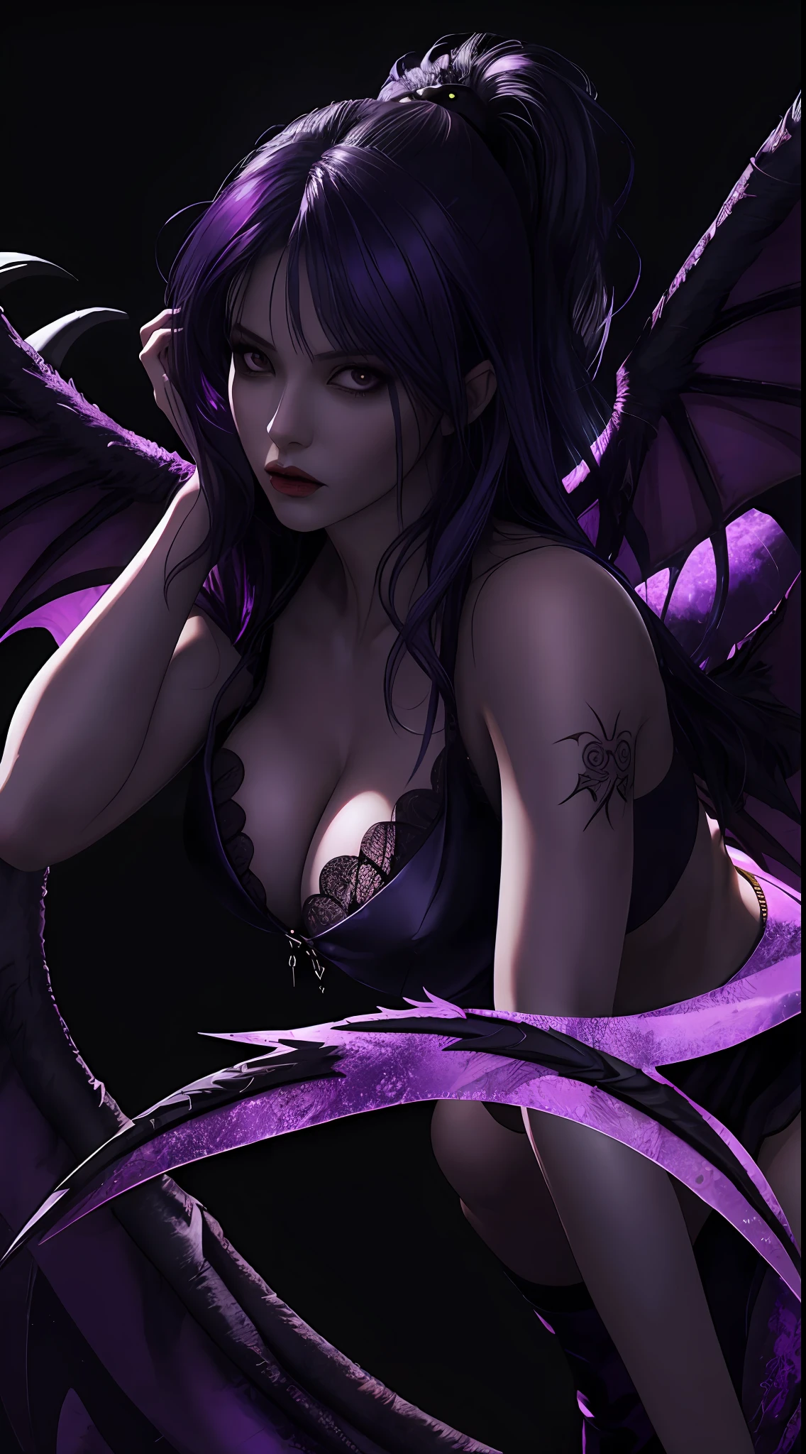 Close up Morrigan Aensland from dark stalkers, black purple hair, fighting pose, demonic background, perfectly detailed on wings, Super detail, character highly detailed, character sheets, Detailed, sharp focus, Super detailed full body, 32k resolution, Only a reality graphic, epic background, skin Type of sculpture, chalk skin, epic pose,