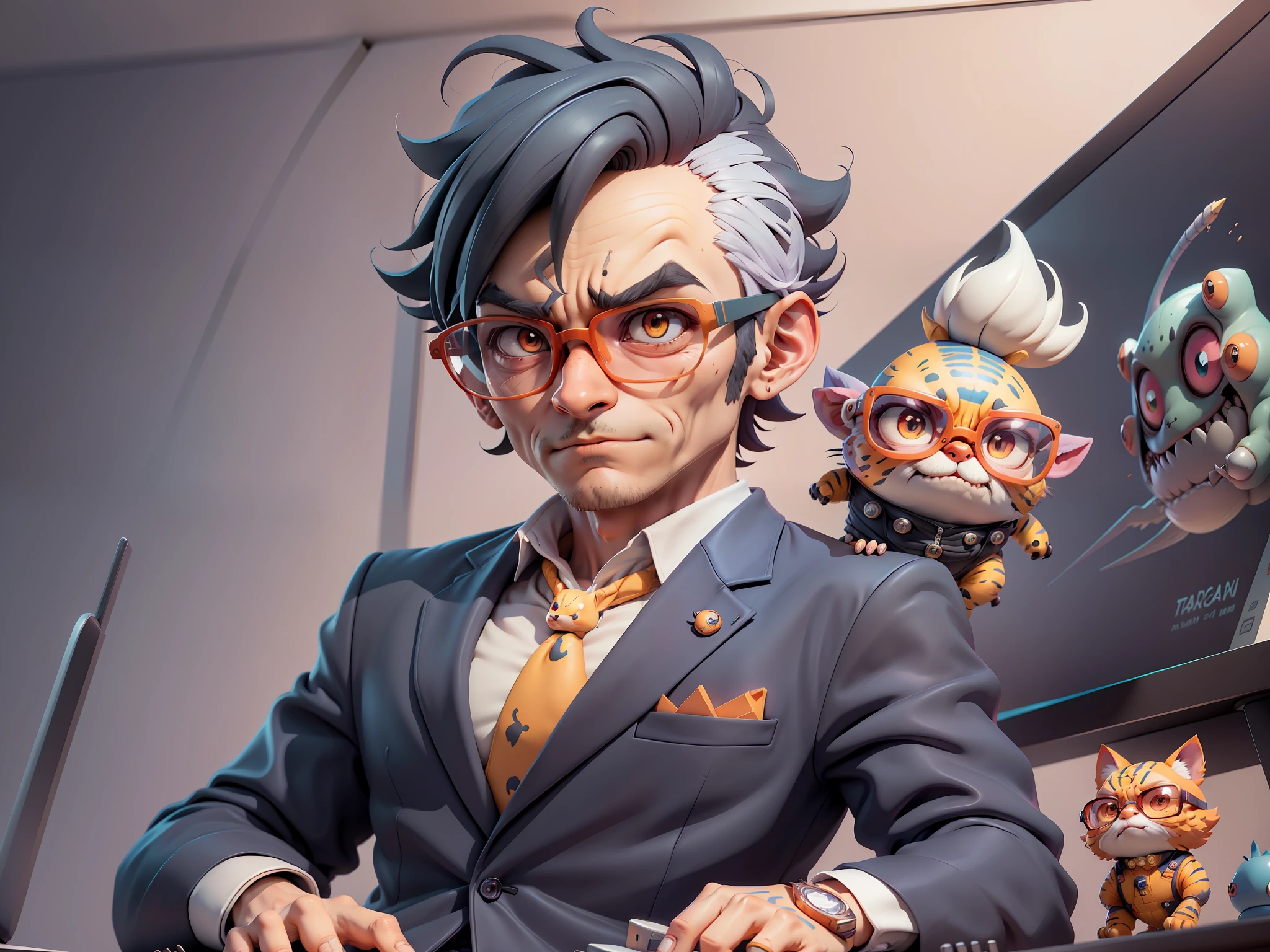 A young man in a suit, Short hair and glasses sat at his desk,holding laptop,digitial painting,tigre,3D character design by Mark Clairen and Pixar and Hayao Miyazaki and Akira Toriyama,4K HD illustration,Very detailed facial features and cartoon-style visuals。