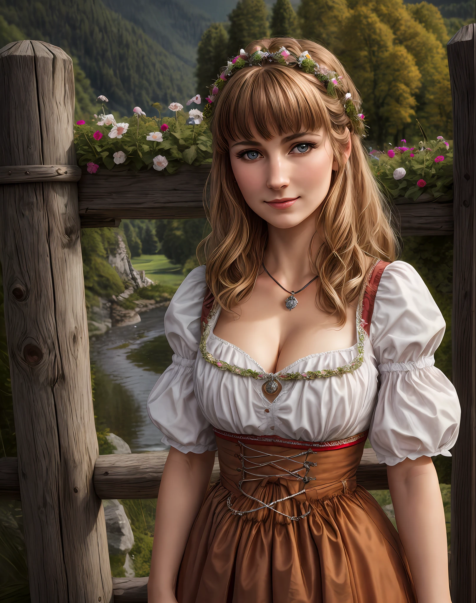 Masterpiece, absurdres, fine detail, HDR, highly detailed face and eyes, photorealistic, drindl, a woman in traditional bavarian dress poses with her hands behind her back ,german woman, wearing drindl,Close up on face,Bangs,