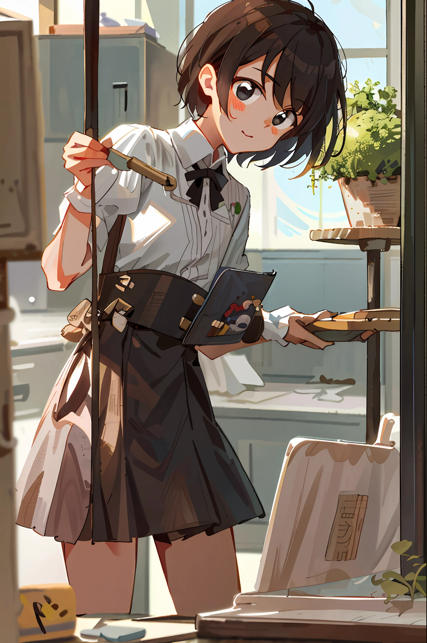 Clean your home,sweeping the floor,Comic cartoon cute,7 people clean,Holding a cleaning cloth in his hand、broom,Clean and clean place
