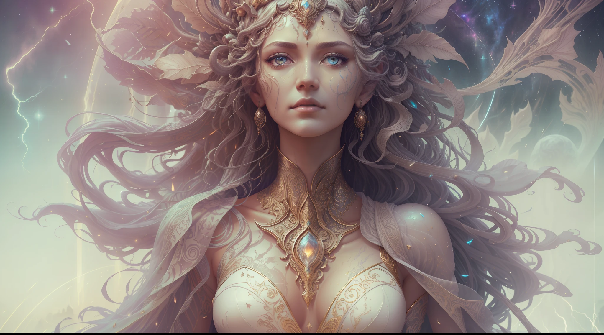 Eldritch, Harsh ancient gods in the night storm, Cloaked in a starry sky, [[Sophia Anne Caruso]], [zendaya], Translucent ivory prosthetic Eldridge horror, Erotic pose, Cinematic lighting, (By (Daniel Mernagh) (Carne Griffiths) Monika Nowak), Highly detailed, Detailed face, Soft body, Alien, Close-up of a goddess with a crown on her head, goddes, The upper part of the body，sideface, a stunning portrait of a goddess, Fantasy art Behance, goddes, Extremely high detail, Trending ArtStation, Deviantart ArtStation CGSCOSIETY, extremely detailed goddess shot, trending on artstation 4k, 3 d goddess portrait, hindu aesthetic, trends in art station