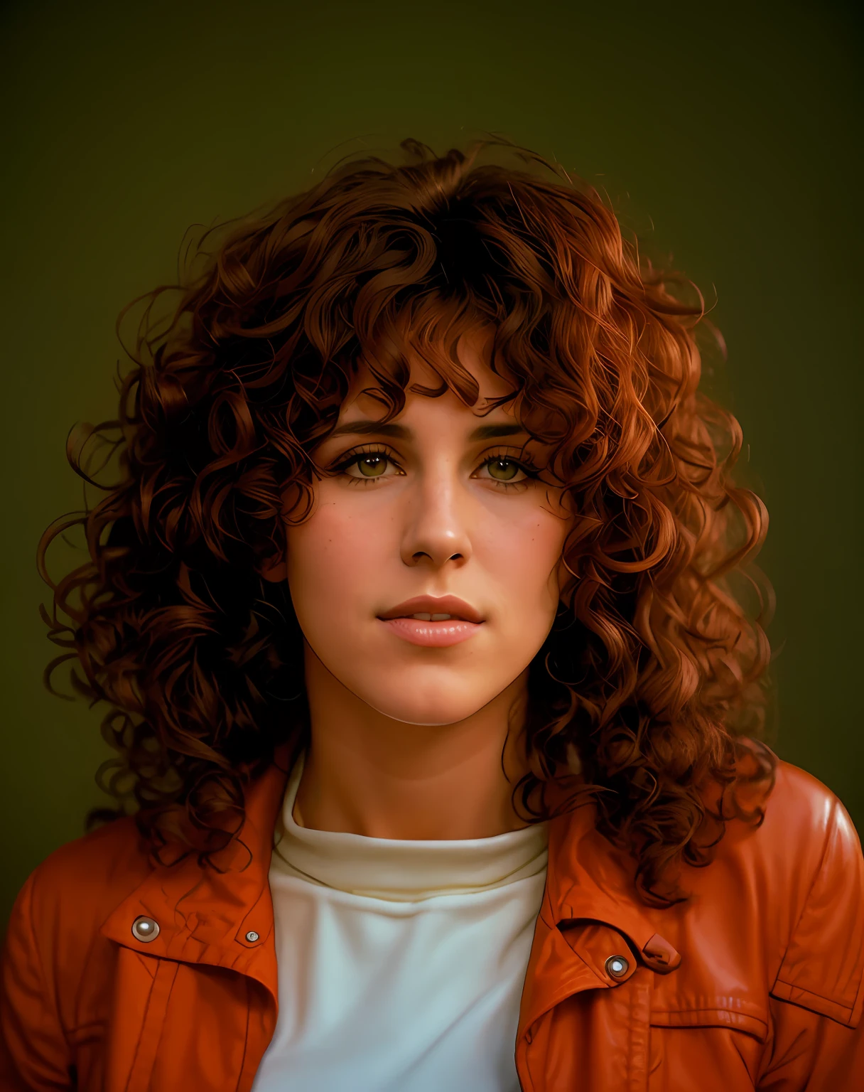 arafed woman with curly hair and a jacket looks at the camera, curly bangs, promo image, ripley, portrait of jim morrison, promo art, inspired by Cindy Sherman, ellen ripley, centered portrait, 1 9 7 0 s female alive, close-up portrait film still, marianne collins, promo shot, cynthwave, photo portrait, classic portrait