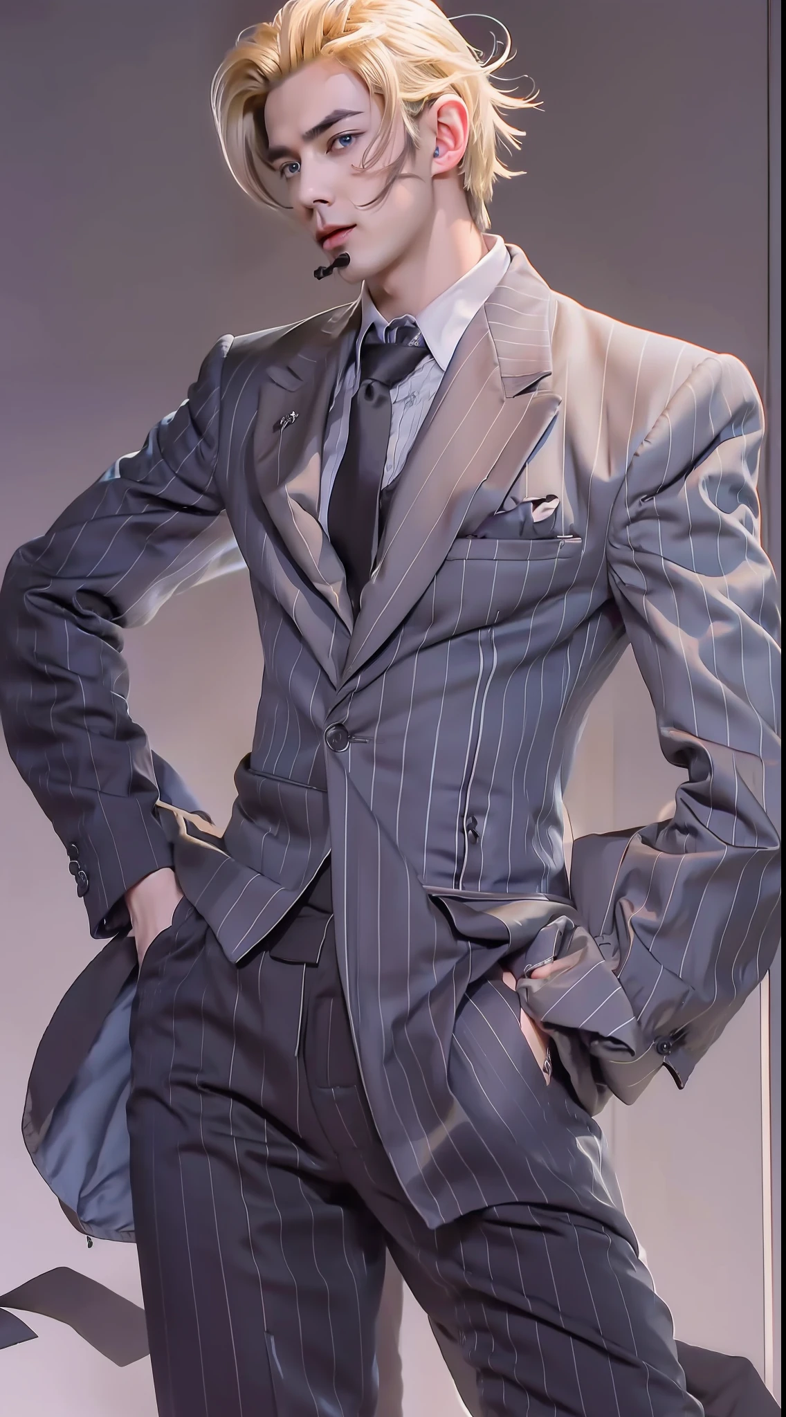 One man , Vinsmoke Sanji from the anime One Piece by Eichiro Oda , blonde wavy short hair , tall , slender man , long-legged , Grey-blue eyes , Attractive , holding a cigarette , has curly eyebrows , Strong jawline , Pointed nose , wears a black, double-breasted suit with a tie and a long-sleeved, buttoned shirt black, with or without pinstripes , sports a dark goatee, and stubble on his upper lip , hair cover one side of his face , 1man , masculine, realistic, best quality , fair skin , handsome