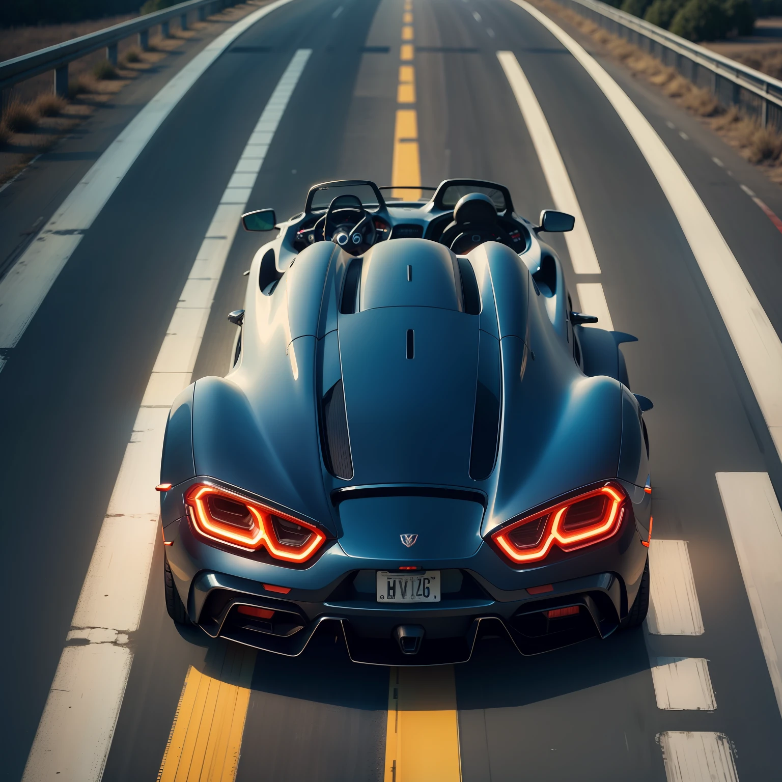 supercar riding on looped highway, neon image, back view