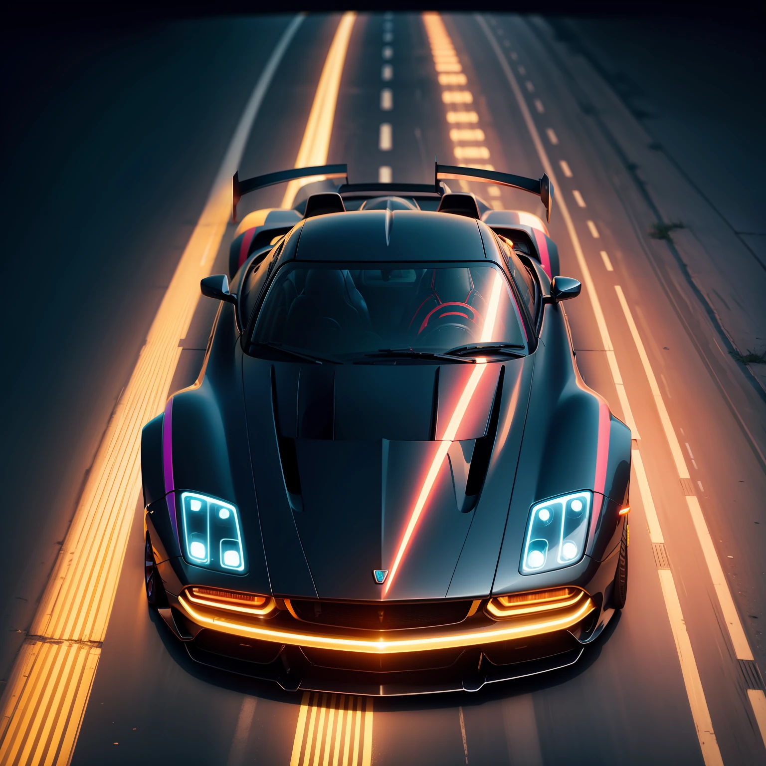 supercar riding on looped highway, neon image, back view