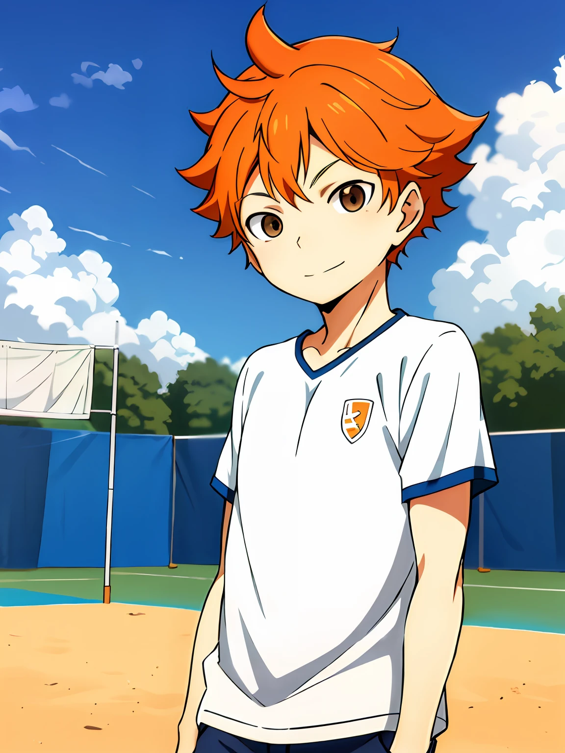 alta resolução, obra-prima, Shouyou Hinata, cabelo laranja, solo, 1boy, masculino, volleyball court, fora, blue skies, bosque, olhos detalhados,stands