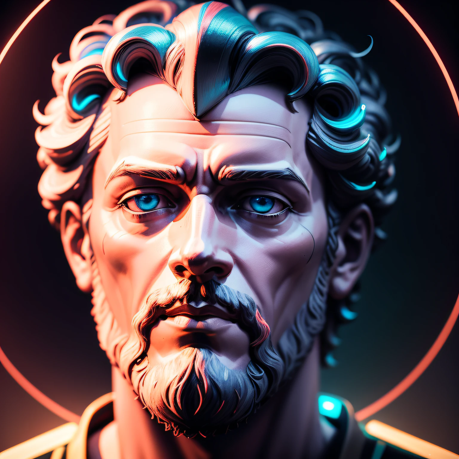 close-up of neon representation of Marcus Aurelius, The famous Roman philosopher, por Mike Winkelmann, holografia, vaporwave!, octan render, deus grego, cego, neon romano, Stoic attitude