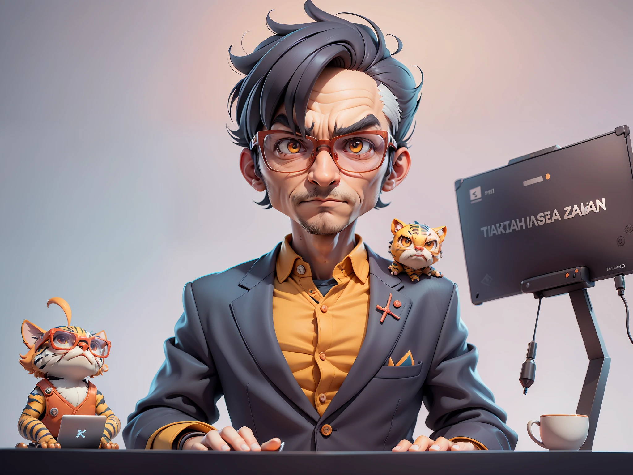 A young man in a suit, Short hair and glasses sat at his desk，holding laptop，digitial painting，tigre，3D character design by Mark Clairen and Pixar and Hayao Miyazaki and Akira Toriyama，4K HD illustration，Very detailed facial features and cartoon-style visuals。
