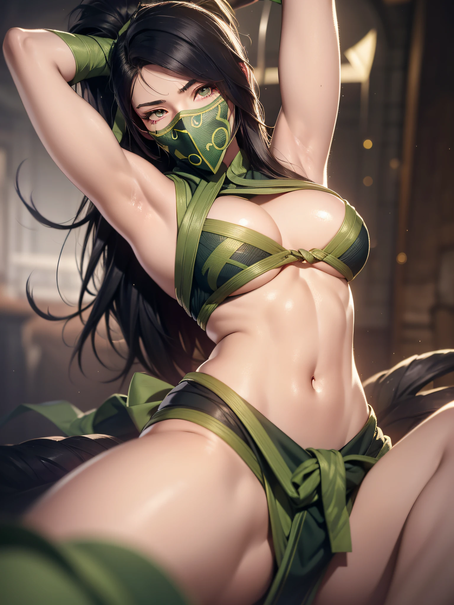 ((best quality)), (Highest image quality) (Detailed eye description) ((masterpiece)) (((akali)), 1girl, (((league of legends))), ((detailed: face)) solo, ((muscular)), looking at viewer, abs, mask, from below, navel, angry eyes, low camera angle, perfect anatomy, cuddling in bed, in bed, mask, raised arms, laying in bed, underboob, wide hips, large breasts, toned body, shredded