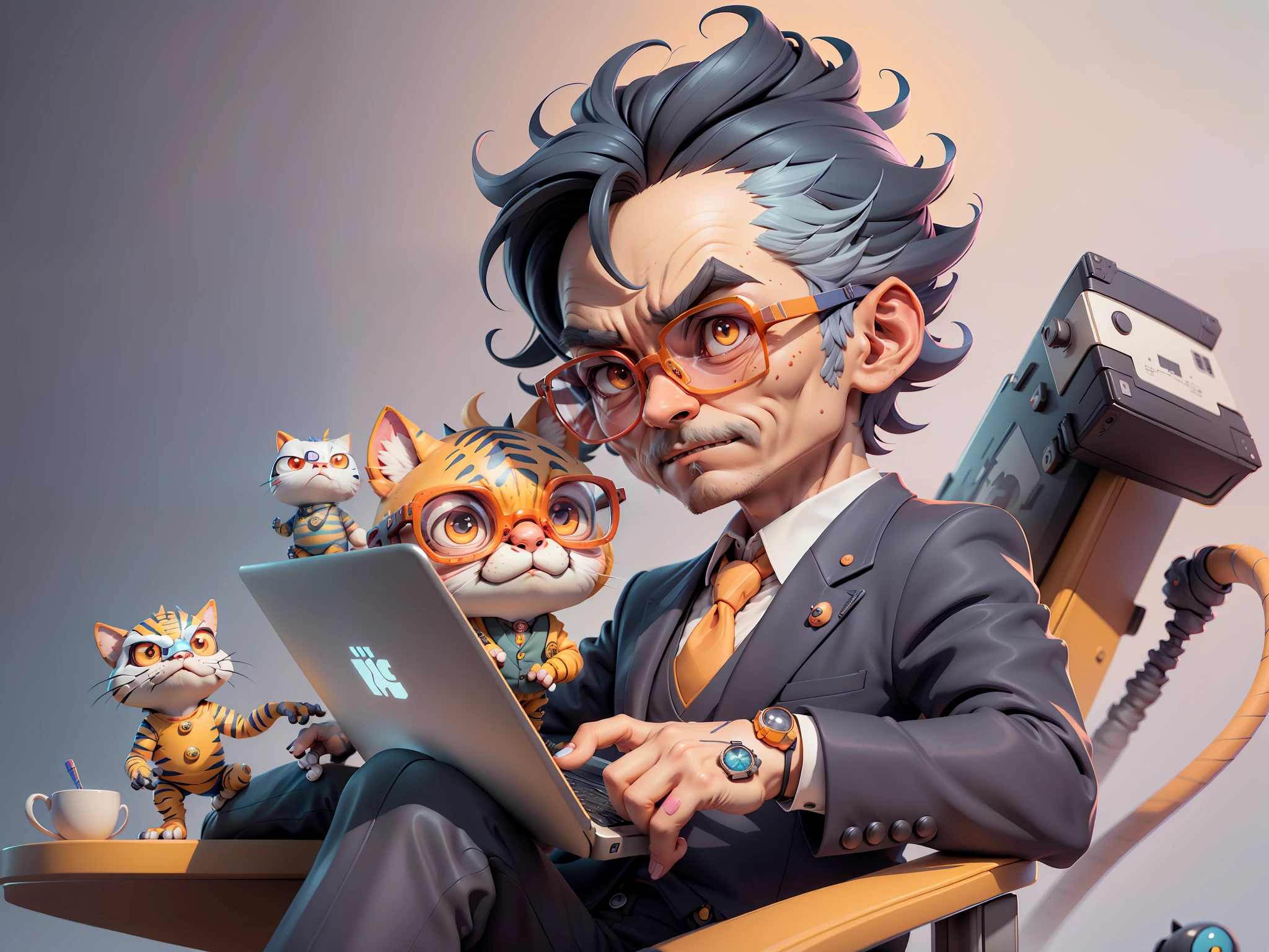 A young man in a suit, Short hair and glasses sat at his desk，holding laptop，digitial painting，tigre，3D character design by Mark Clairen and Pixar and Hayao Miyazaki and Akira Toriyama，4K HD illustration，Very detailed facial features and cartoon-style visuals。