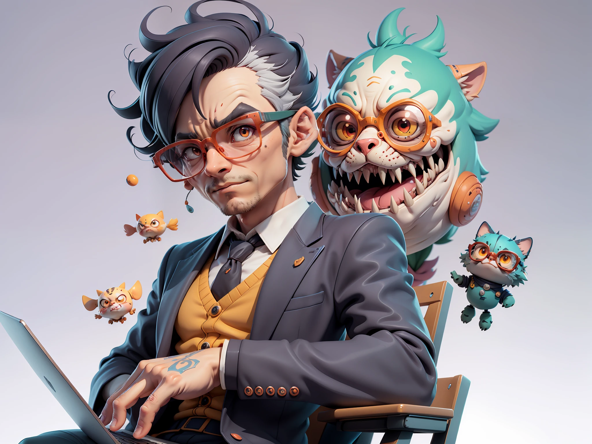 A young man in a suit, Short hair and glasses sat at his desk，holding laptop，digitial painting，tigre，3D character design by Mark Clairen and Pixar and Hayao Miyazaki and Akira Toriyama，4K HD illustration，Very detailed facial features and cartoon-style visuals。
