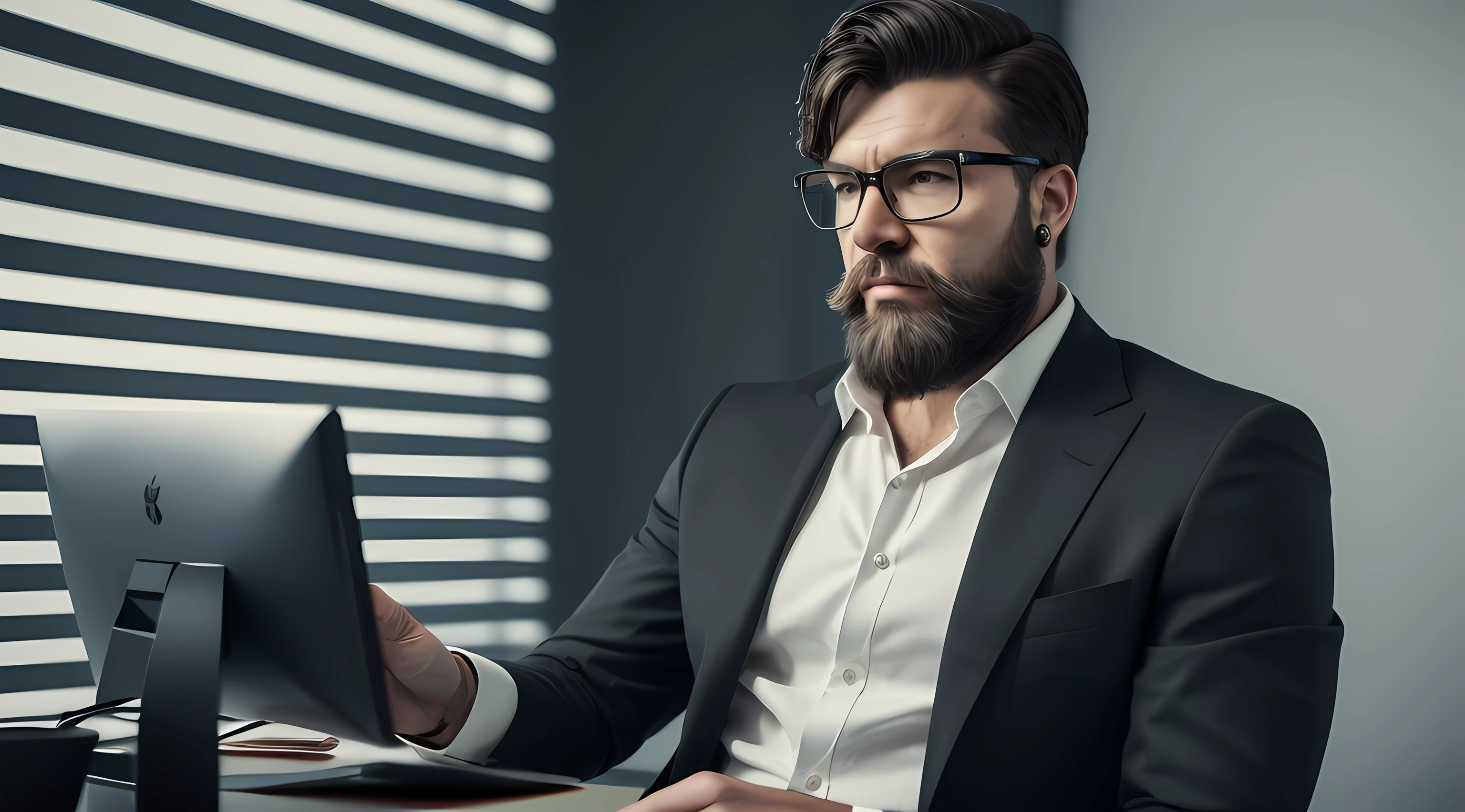 ((half body)) Photo RAW Ceo Man with glasses sitting in an office chair, wearing a suit, (Wearing Black Beard) movie scene, (Impeccable), Serious and elegant man, with thick masculine eyebrows, (with mysterious and serious face, ) short dark hair, white light background image, elegant, (high quality and realistic image), ((best quality, 8k, masterpiece) --auto --s2