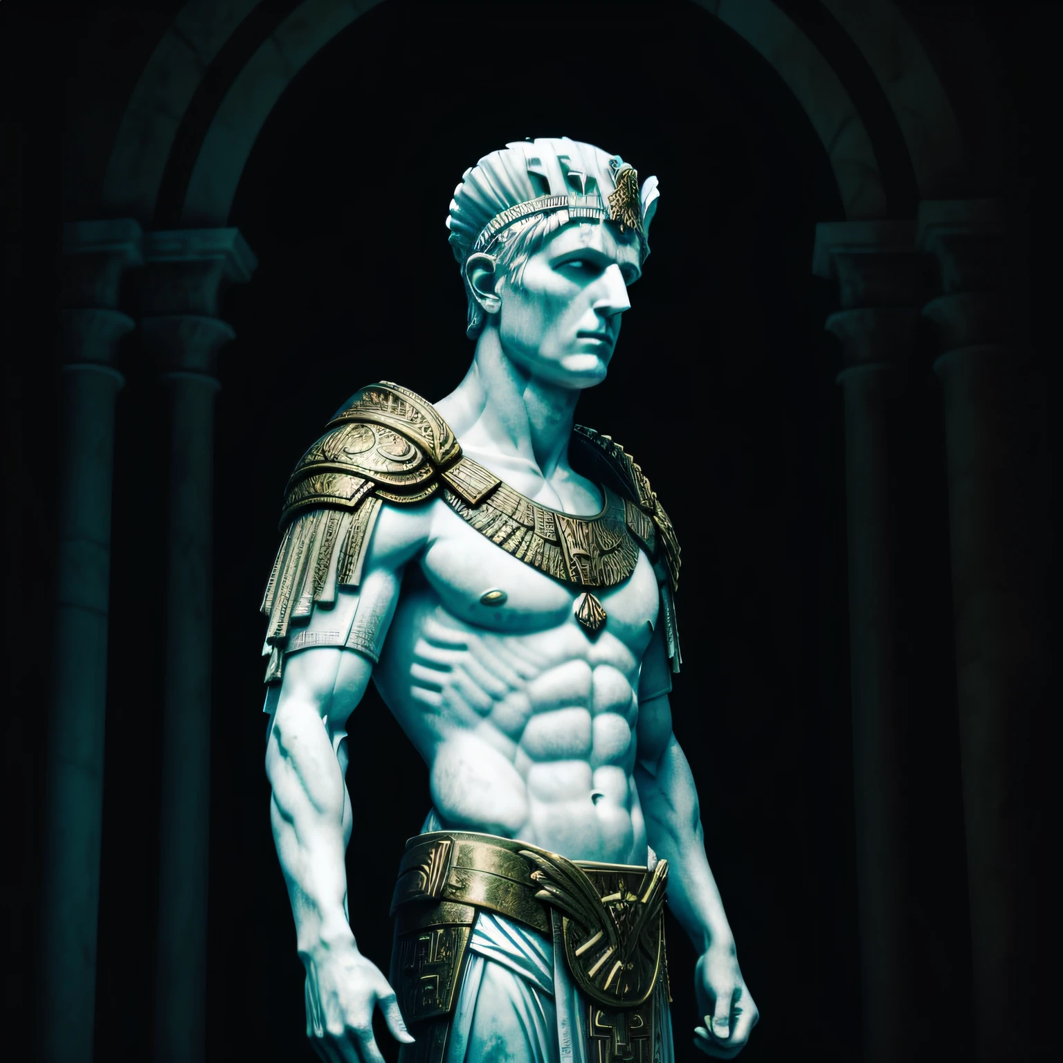 A realistic full-length Greek white marble statue of Julius Caesar wearing a ghostly toga, fundo neutro, Moody, , fotorrealista, cinematographic scene, super detalhada, hiper realista, luzes brilhantes, NEON AO FUNDO 8 K