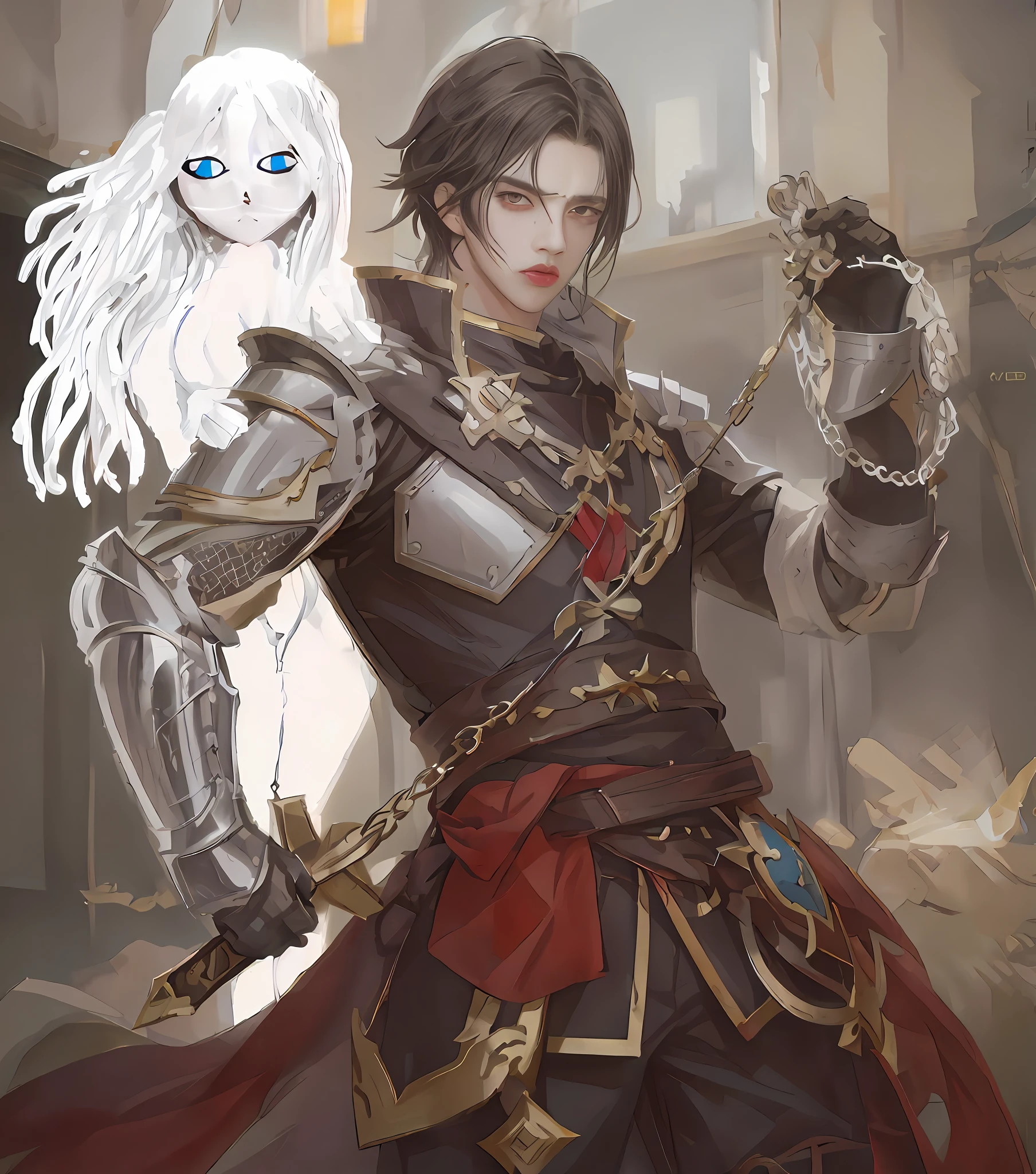 personagem de anime com cabelos brancos e olhos azuis segurando uma corrente, casimiro arte, um paladino masculino humano, Conceito de personagem do Shadowverse, Wlop e Sakimichan, fanart requintada altamente detalhada, epic exquisite character art, Sakimichan e Frank Franzzeta, anime em estilo fantasia, por Yang J, 2. 5 d cgi anime fantasia arte