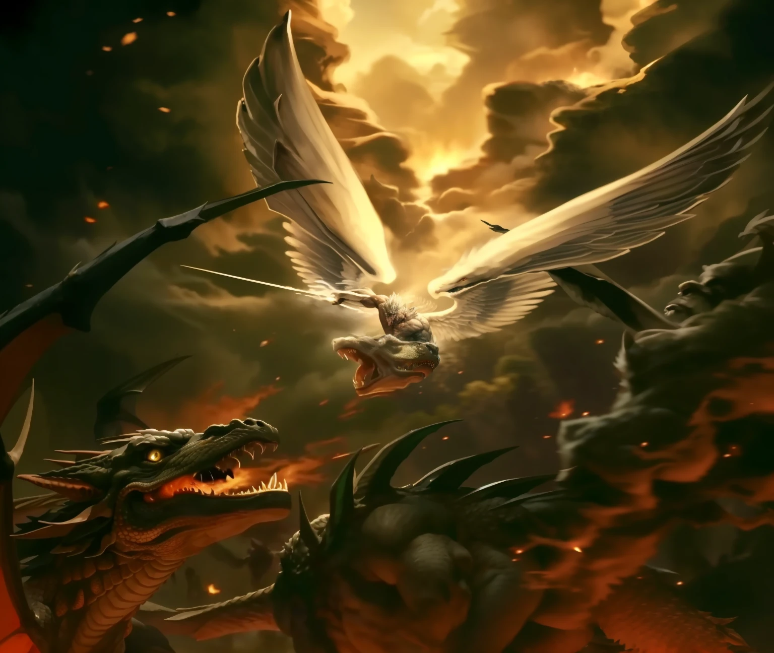 Dragao enfurecido atacando um homem de asas, Figura celeste, warrior angel attacking the Dragon