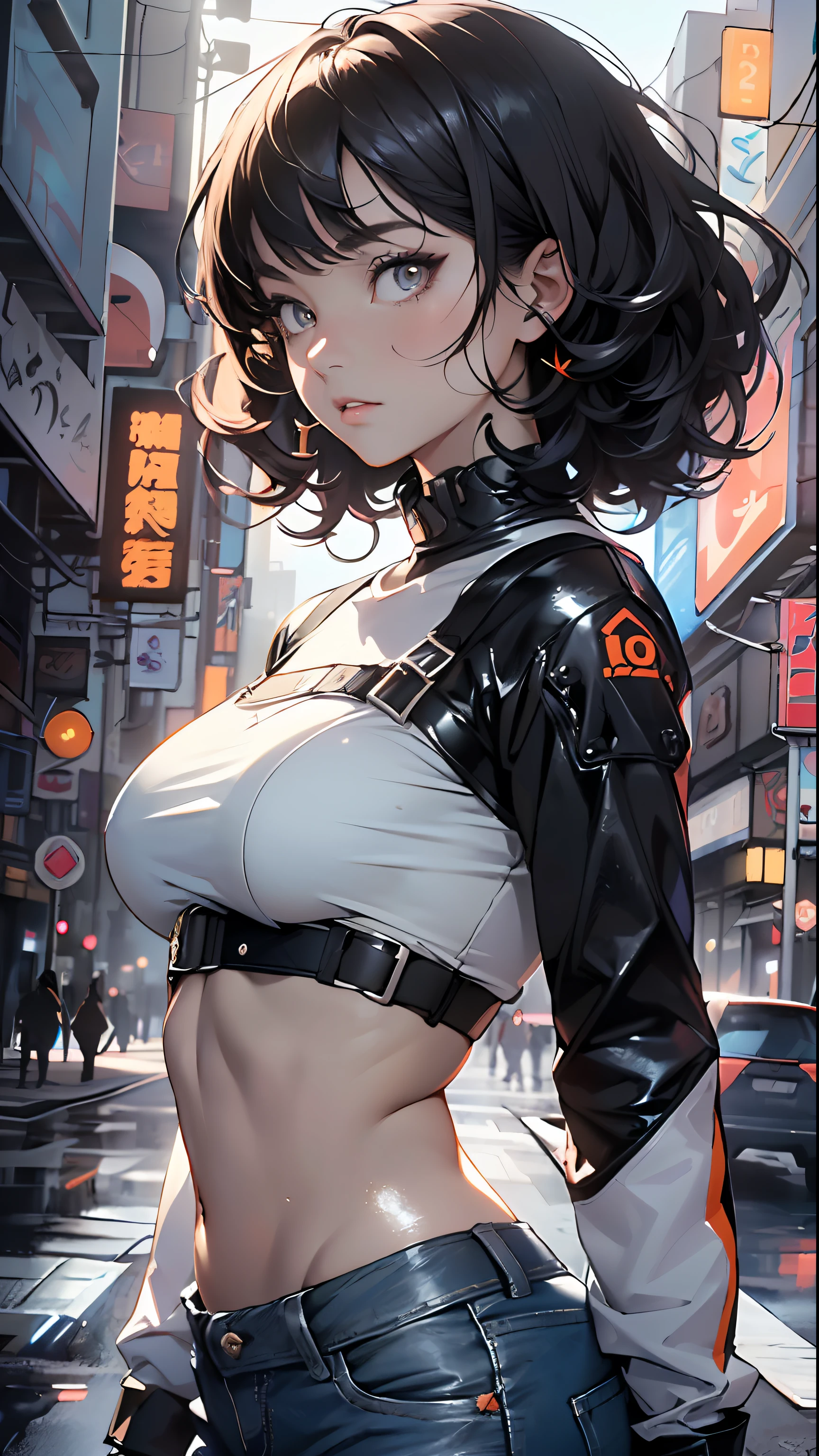 girl spacepunk,(((1girl))),((extremely cute and beautiful black curly-haired anime girl walking down the street)),
(short breasts:1.4),(((black curly hair:1.35,very curly hair,colored inner hair,ear breathing))), ((brown eyes:1.3,upturned eyes:1.3,perfect eyes,beautiful detailed eyes, rainbow glows ultra-detailed deep gold brown eyes:1.1,gradient eyes:1, finely detailed beautiful eyes:1,symmetrical eyes:1,big highlight on eyes:1.2)),((fat)), (((lustrous skin:1.5, bright skin: 1.5,skin tanned,shiny skin,very shiny skin,shiny body,plastic glitter skin,exaggerated shiny skin))),delicate detailed fingers,detailed body,detailed arms, human hands,detailed hands,),
cute,
(gray shirt with an orange squid print, blue denim pants),(detailed outfit, detailed clothes),
(dynamic pose:1.0), solo focus, embarrassed, centered, scale to fit dimensions, Rule of thirds,
outdoors, (cyberpunk Background: 1.5, detailed background:1.25),
(Isometric: 1.0), double exposure, (masterpiece, best quality:1.3), (highres:1.5), absurdres, ultra detailed, cinematic light, realistic, ultra-realistic, high contrast, extraordinarily nice, vibrant colors, (intricate), HDR (High Dynamic Range),Ray Tracing,NVIDIA RTX,Super-Resolution,Unreal 5,Subsurface dispersion, PBR texture, Post-processing, Anisotropic filtering, Depth of field, Maximum clarity and sharpness, Multilayer textures, Albedo and specular maps, Surface shading, Accurate simulation of light-material interaction, Octane Render, Two-tone lighting, Wide aperture, Low ISO, White balance, 8K RAW, Saturation boost,