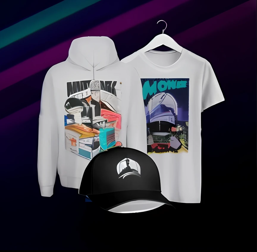 a closeup of a hat and a shirt on a hanger, Mercadorias da banda, hat and hoodie, pacote de jogos, imagem oficial do produto, Roupas Biopunk, hip hop vaporwave, Vaporwave maximalista, nostalgia vaporwave, Retroonda negra, Retro wave, Nostalgia dos anos 80, roupas detalhadas, estilo retroonda, roupas do futuro, garments, retroonda!