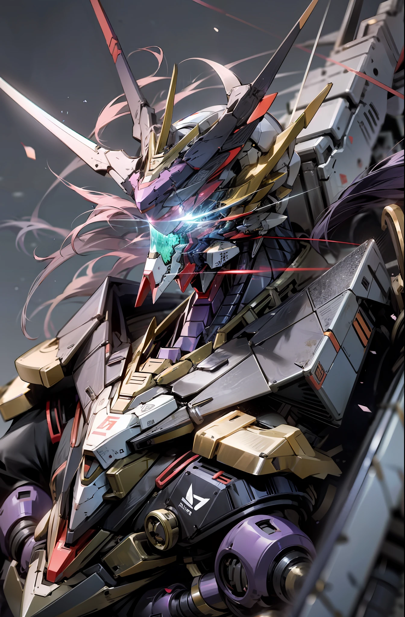 Bokeh, attack, concise, 8k wallpaper, robot, eyes glowing cross purple, mecha, Dapeng spreading its fangs, holding double Blades aiming at the target, diamond, purple, black, cobra Gundam, animal Gundam, look at camera, (half body), ((beast)), predator Gundam, Kamen rider ouja,