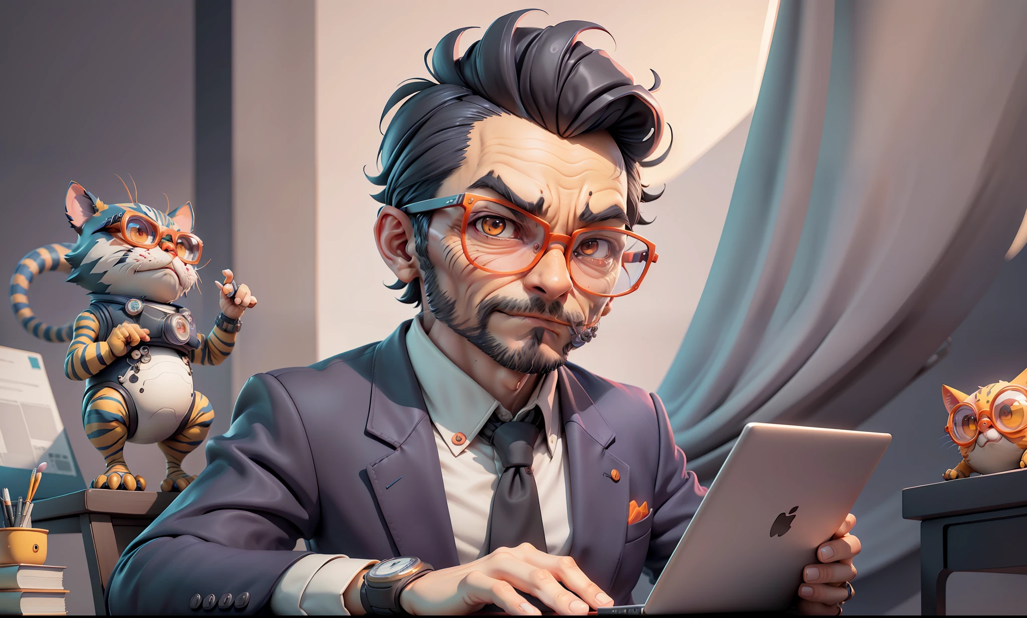 A young man in a suit, Short hair and glasses sat at his desk,holding laptop,digitial painting,tigre,3D character design by Mark Clairen and Pixar and Hayao Miyazaki and Akira Toriyama,4K HD illustration,Very detailed facial features and cartoon-style visuals。