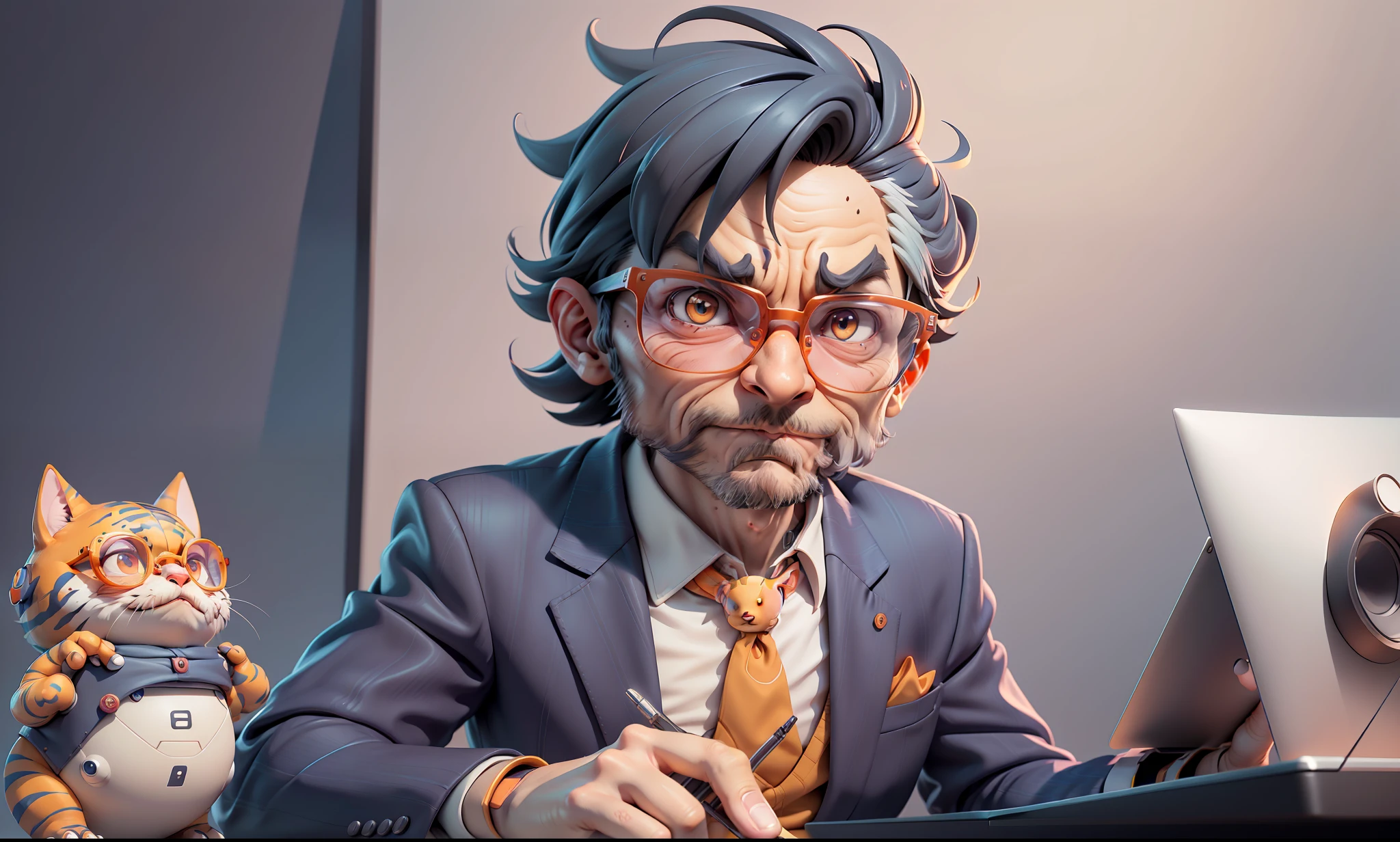 A young man in a suit, Short hair and glasses sat at his desk,holding laptop,digitial painting,tigre,3D character design by Mark Clairen and Pixar and Hayao Miyazaki and Akira Toriyama,4K HD illustration,Very detailed facial features and cartoon-style visuals。