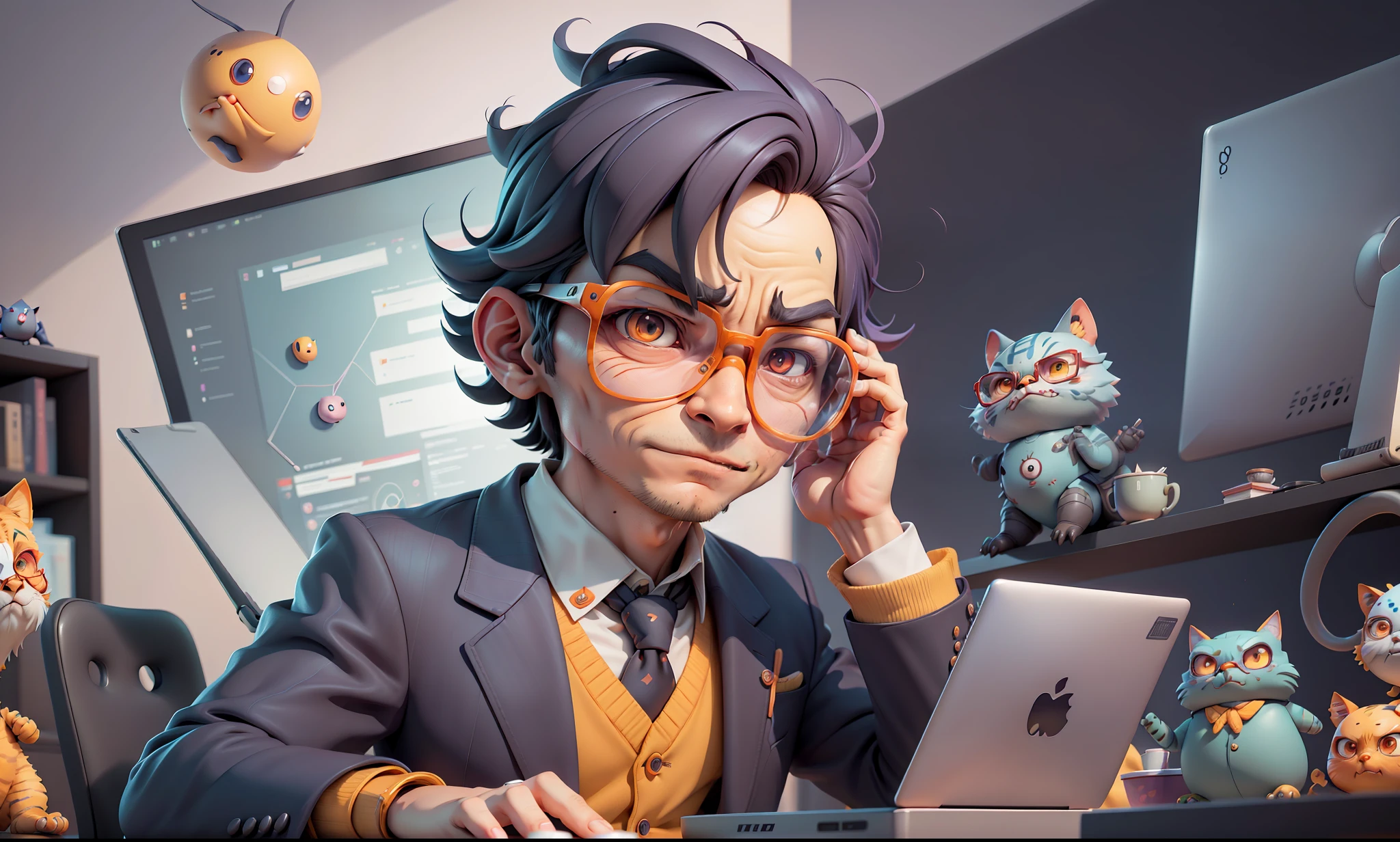 A young man in a suit, Short hair and glasses sat at his desk，holding laptop，digitial painting，tigre，3D character design by Mark Clairen and Pixar and Hayao Miyazaki and Akira Toriyama，4K HD illustration，Very detailed facial features and cartoon-style visuals。