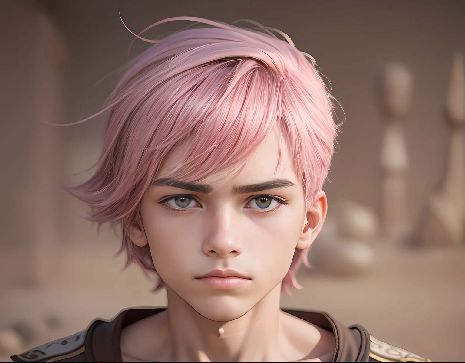 pink hair -yeld teus and thoughtful man , tiene cabello rosado oscuro ojos  rojos, esta en el antiguo egipto se ven piramides y palacios3d, 1child,