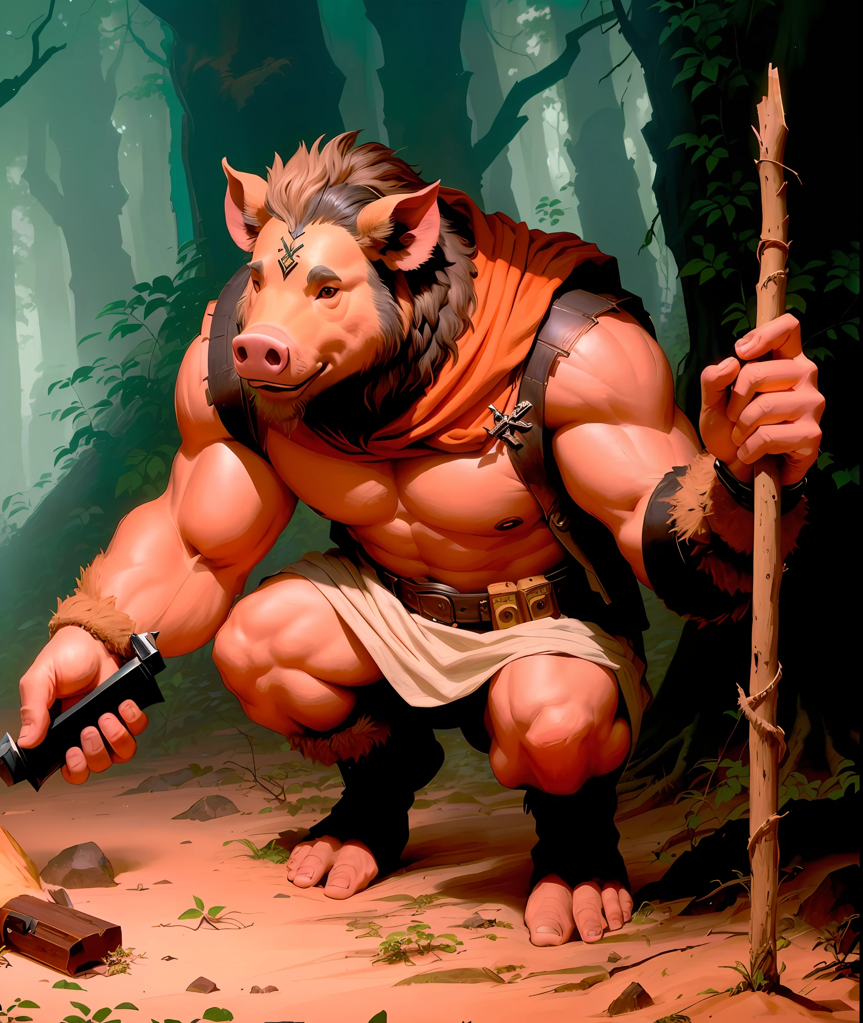 There is a man with a large boar's head holding a knife, anthropomorphic warrior piglet, Humanoid boars live their primitive lives. they have minotaur feet, They are covered in hair and have large saber teeth sticking out of their mouths. homem-porco prepara uma fogueira. The bottom is a dense forest of tall trees and lush foliage. Largest budget production of the century, filme de Steven Spielberg, Christopher Nolan e James Cameron.