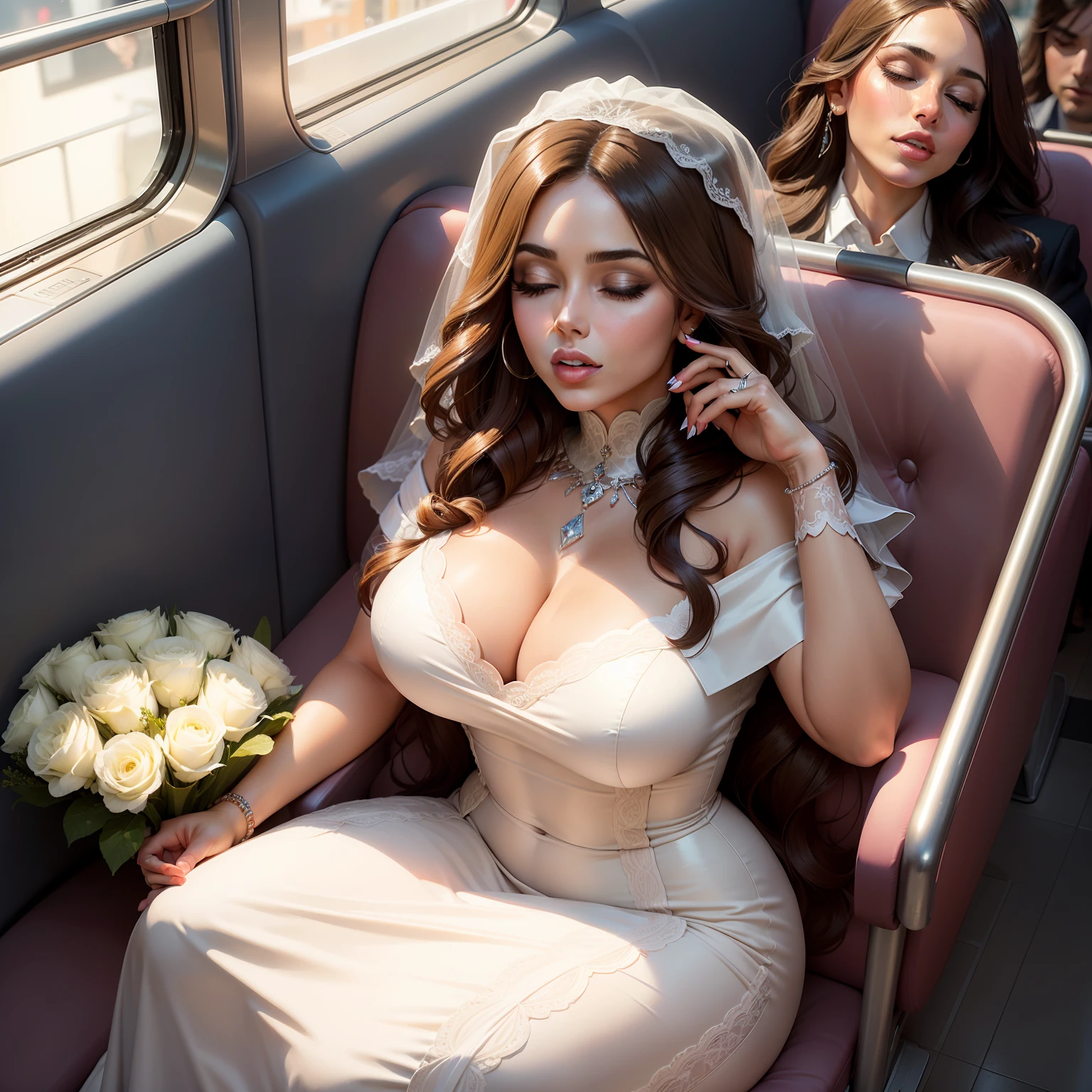 1 Beautiful woman, similar to Galilea Montijo, big eyelashes, full and shiny lips, drooling, sleeping with her mouth open, snoring, sleeping sitting on the train, head resting on the seat, dressed as a bride, eyes outlined, eyes closed.