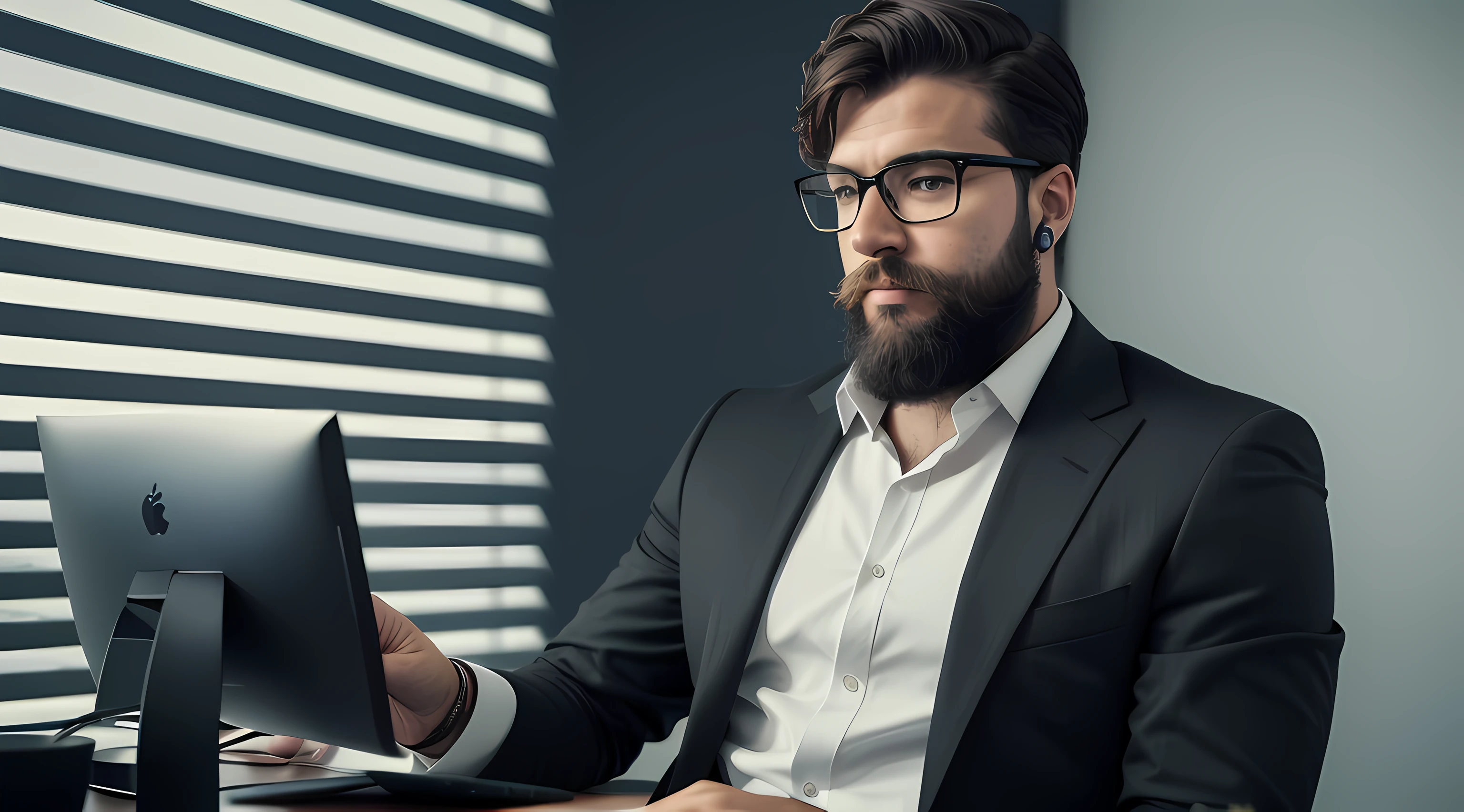 arafed man in a suit and glasses sitting at a desk with a computer, wearing a suit and glasses, very attractive man with beard, serious focussed look, man in his 30s, in suit with black glasses, portrait shot, man with glasses, concentrated look, man with beard, well-groomed model, handsome man, looking at monitor