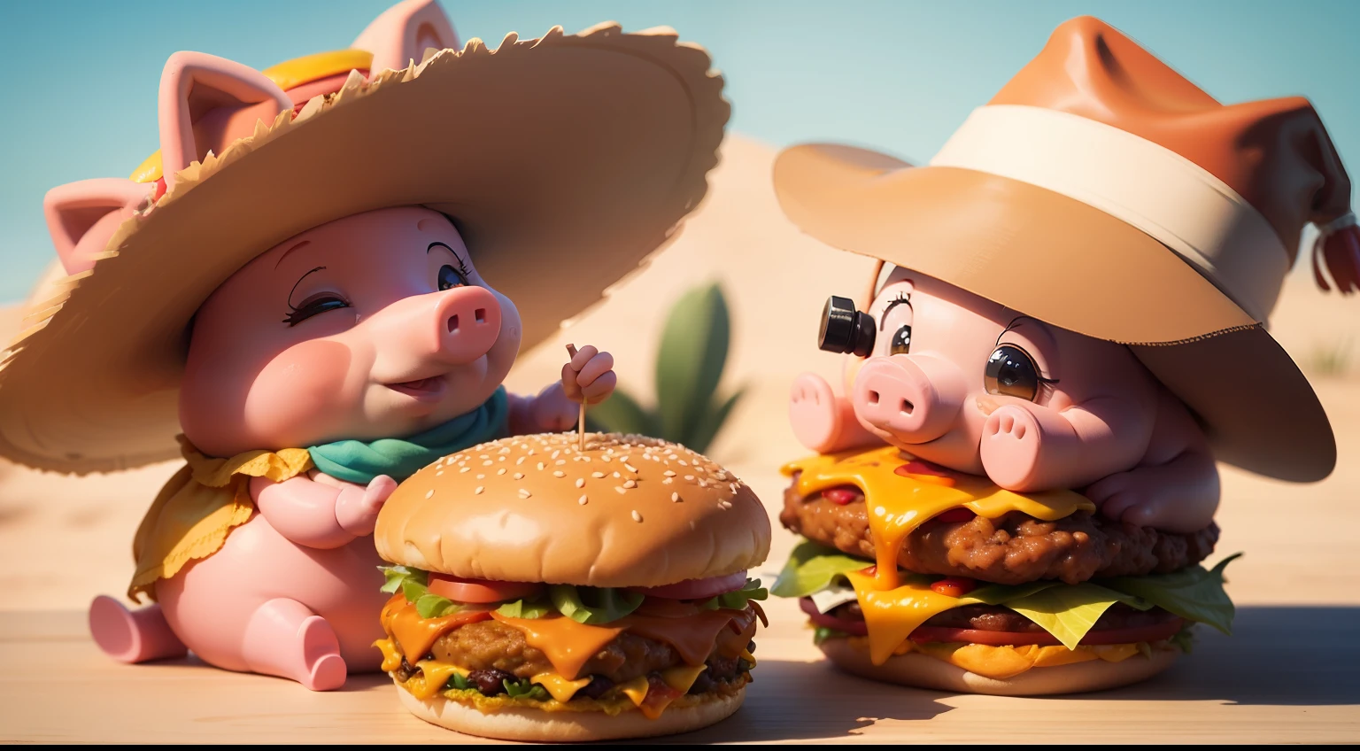 Pepa pig with Mexican hat eating hamburger
