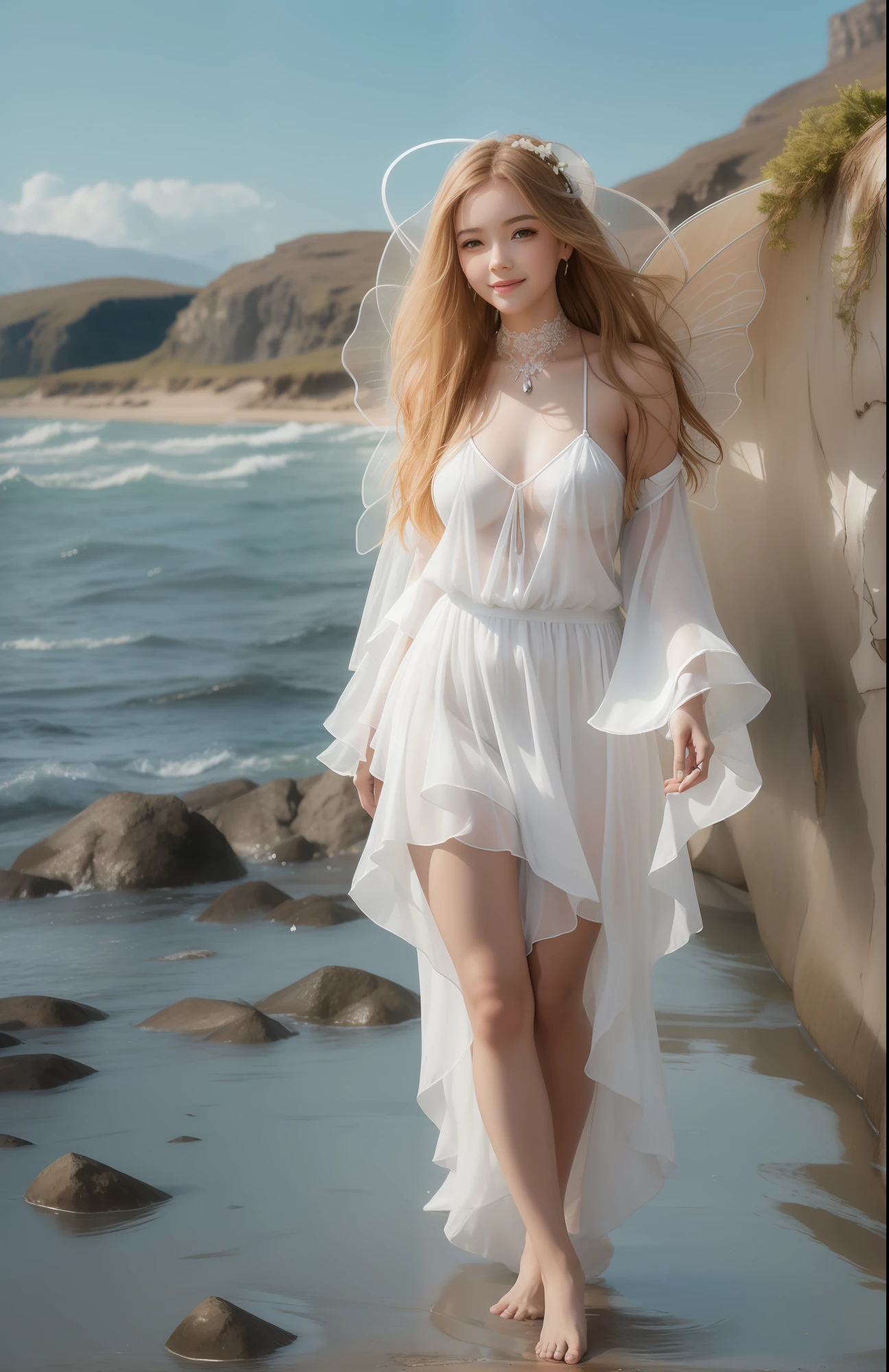 being thin、Photo of gorgeous 20-year-old Icelandic fairy wearing (White flowing dress:1.2) And (Delicate fairy wings:1.2), Grinning, (looking in camera:1.1), (Sateen:1.1), On the beautiful seaside:,, masutepiece, Barefoot, (Natural lighting:0.8), 8K, ((Realistic)), F/1.1, , the woods、covering the navel、hiding breast、Hide legs、(Curvaceous)femele(flawless skin:1.11)And(teats:1.1)、A smile、full body Esbian、Beautiful standing figure、Sea Fairy、Beautiful summer sky、Beautiful white shells