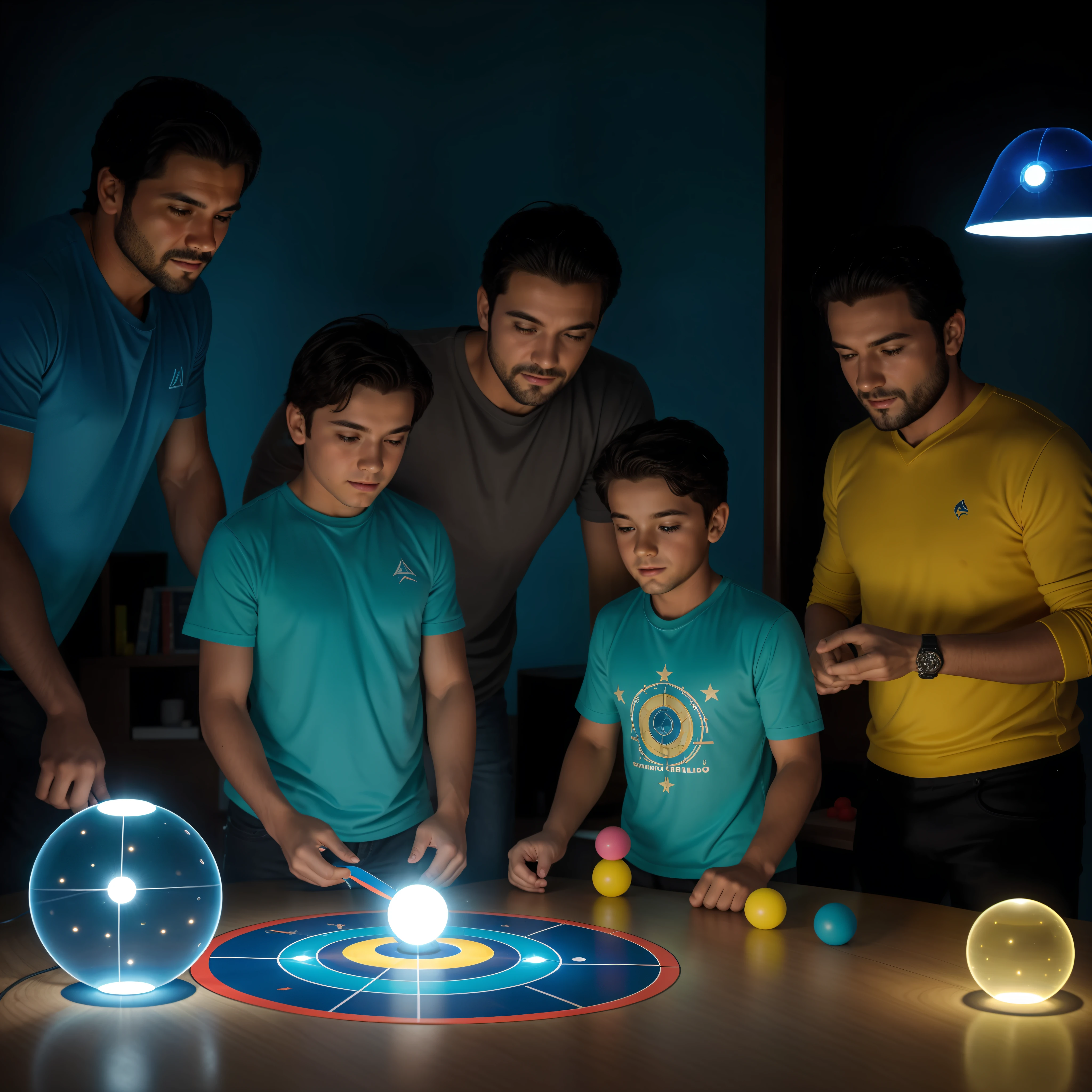 40-year-old father, 9-year-old son, jugando juegos de mesa futurista, el juego es un holograma, muy colorido, Neones 1:2, juego detallado, las fichas flotan, brillos 1:2, bright illumination, juego detallado, juego 8k, Altamente definido, rostro detallado, cabello detallado, gueo, produce destellos de luz, rostros detallados, poros visibles, iluminacion calida 1:1, brillante, rostros perfectos