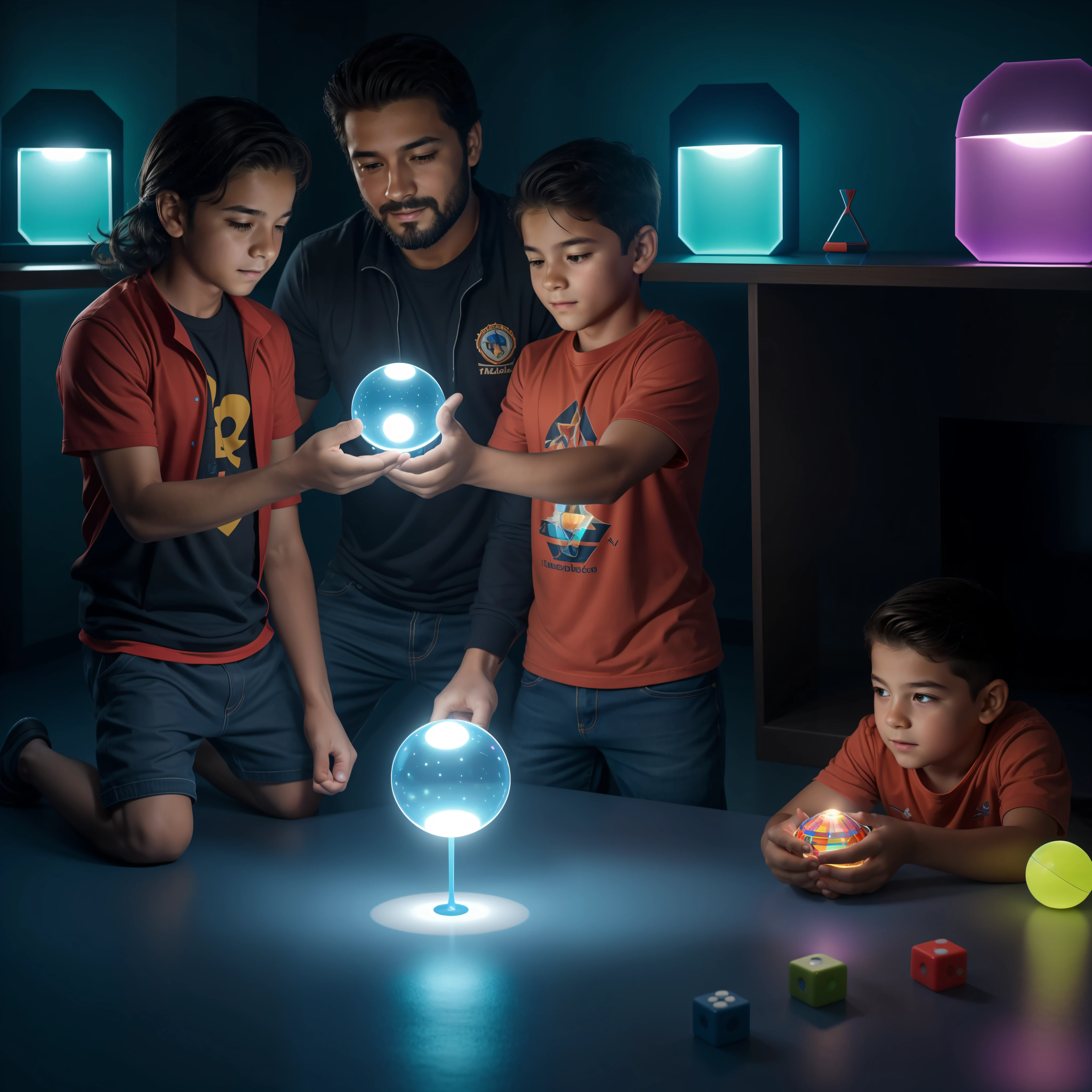 40-year-old father, 9--old , jugando juegos de mesa futurista, el juego es un holograma, muy colorido, Neones 1:2, juego detallado, las fichas flotan, brillos 1:2, bright illumination, juego detallado, juego 8k, Altamente definido, rostro detallado, cabello detallado, gueo, produce destellos de luz, rostros detallados, poros visibles, iluminacion calida 1:1, brillante, rostros perfectos