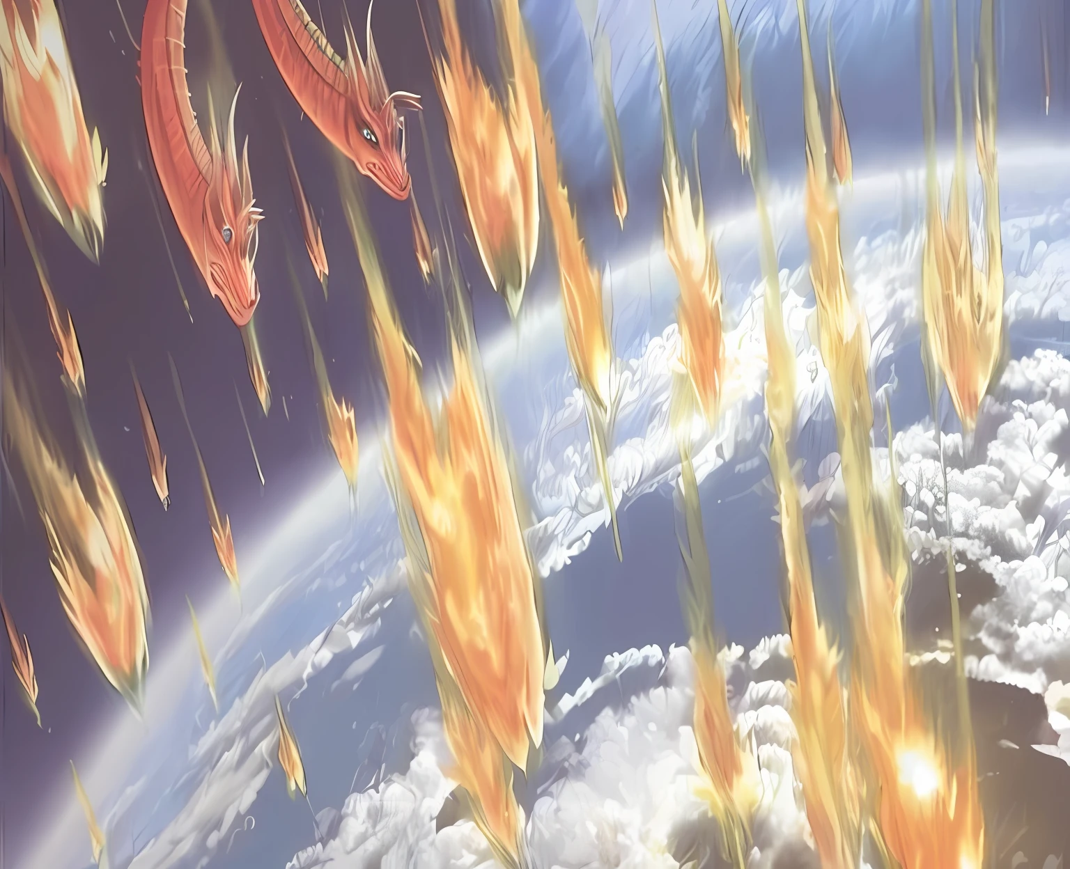 There are many fire-breathing dragons flying over the earth, lightning dragons attack, aliens invading earth, dragons flying in the sky, invasion time on planet earth, Rei Ghidorah, ufo attack, monstro destruindo pyongyang, ultraterrestrial dragons, Fim do Mundo, Directed by: Bob Eggleton, dragons flying around, Scientific representation, Godrays da direita