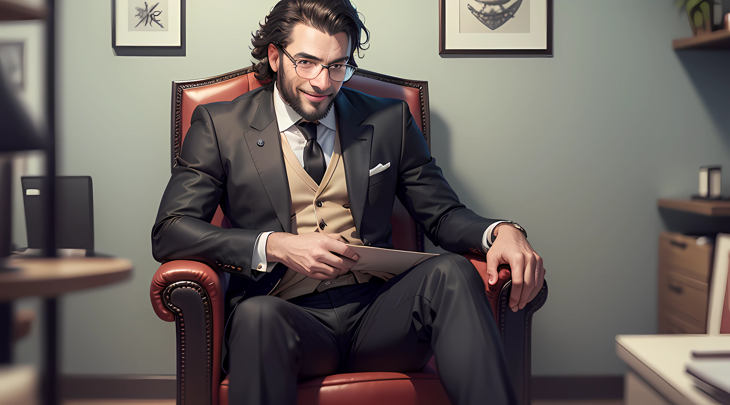 ((half body)) Photo RAW Ceo Man with glasses sitting in office chair, wearing black suit, (Wearing Blackbeard) movie scene, (Flawless), Smiling, elegant man with thick manly eyebrows, (with happy face, ) short dark hair, white background image, elegant, (high quality and realistic image), ((best quality, 8k, masterpiece) --auto --s2